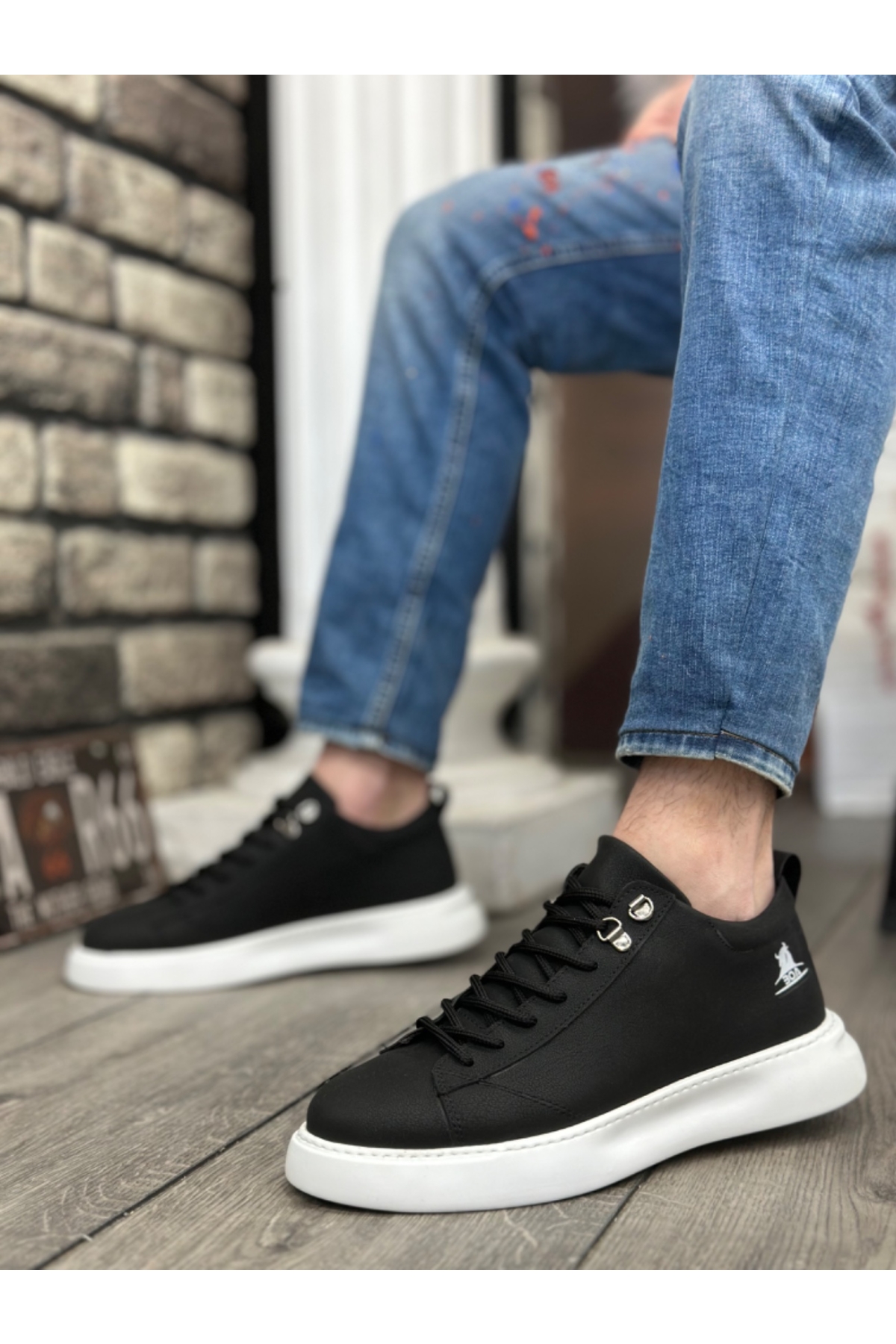 Bağcıklı Erkek Spor Ayakkabı SİYAH (BEYAZ TABAN) - Görsel 3