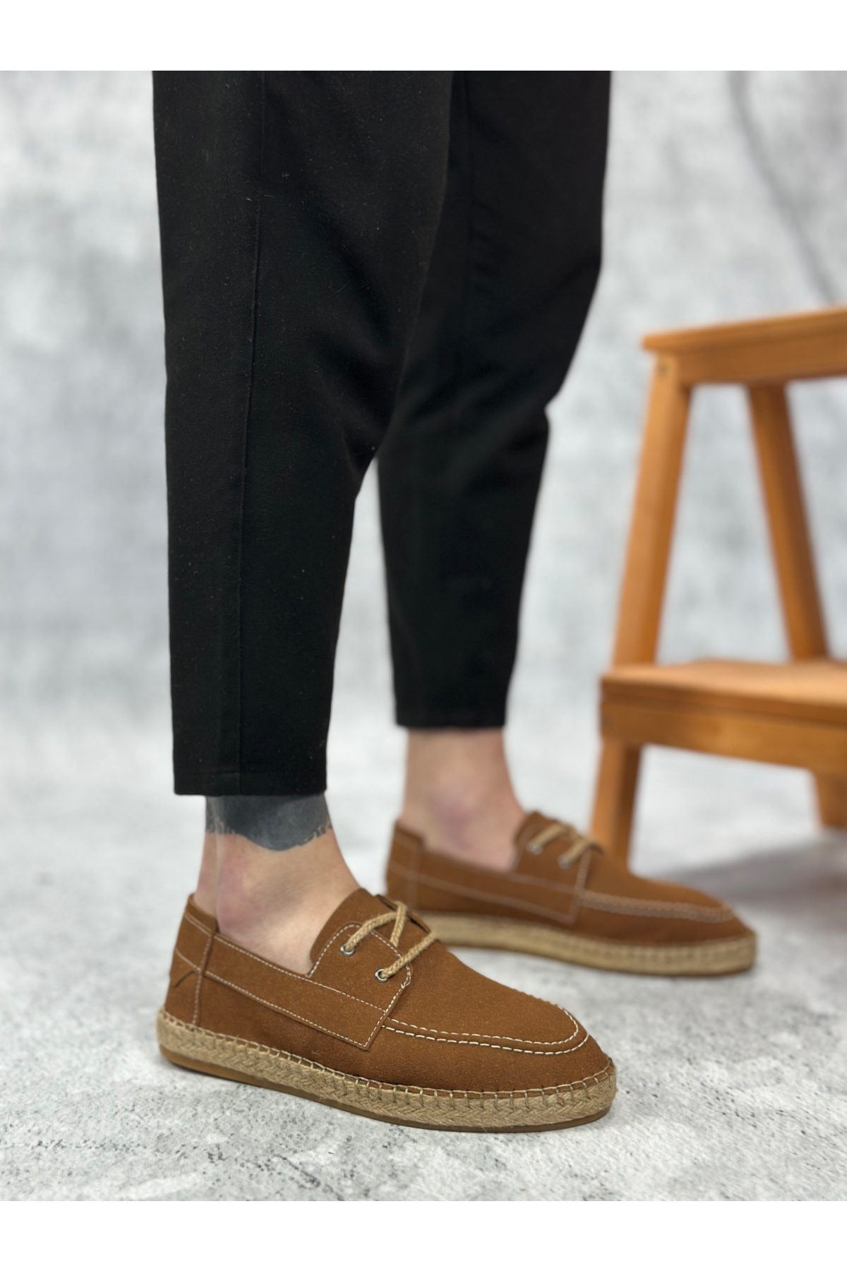 Bağcık Detaylı Doğal Deri Tozu Kauçuk El Yapımı Espadril Erkek Ayakkabı TABA - Görsel 2