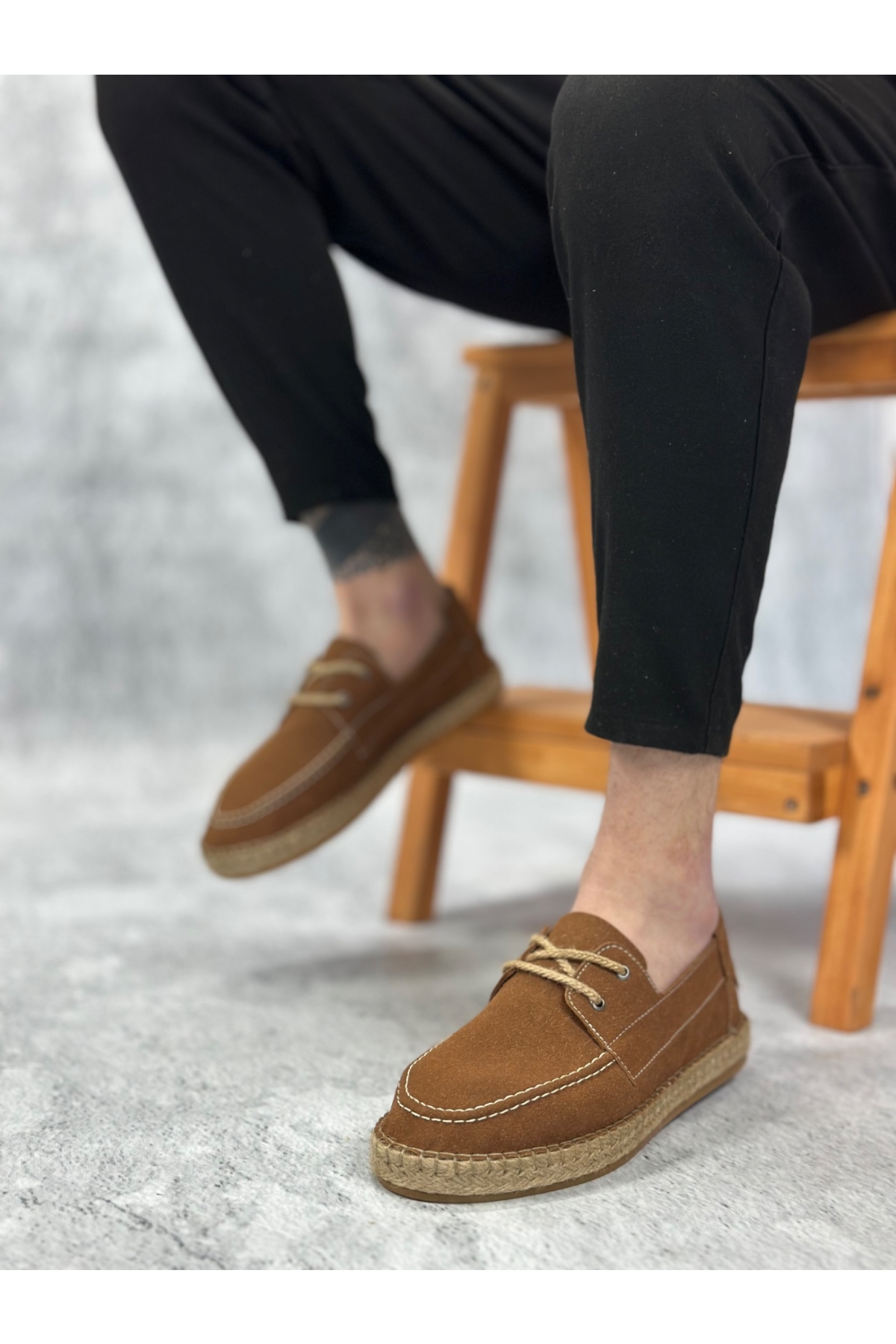 Bağcık Detaylı Doğal Deri Tozu Kauçuk El Yapımı Espadril Erkek Ayakkabı TABA - Görsel 3