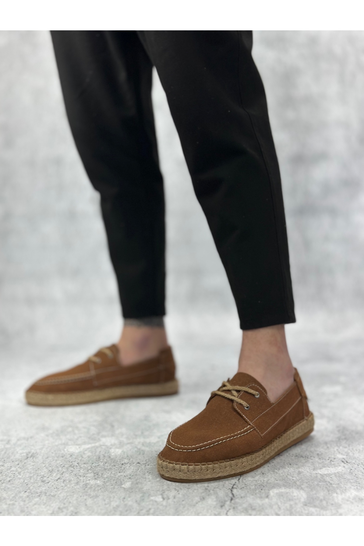 Bağcık Detaylı Doğal Deri Tozu Kauçuk El Yapımı Espadril Erkek Ayakkabı TABA - Görsel 4