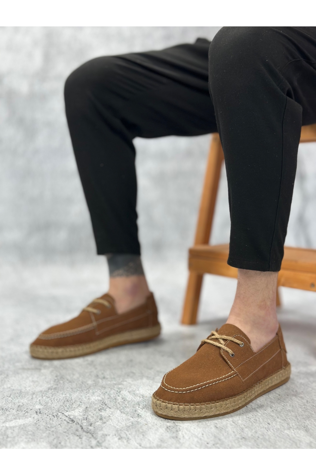 Bağcık Detaylı Doğal Deri Tozu Kauçuk El Yapımı Espadril Erkek Ayakkabı TABA - Görsel 5