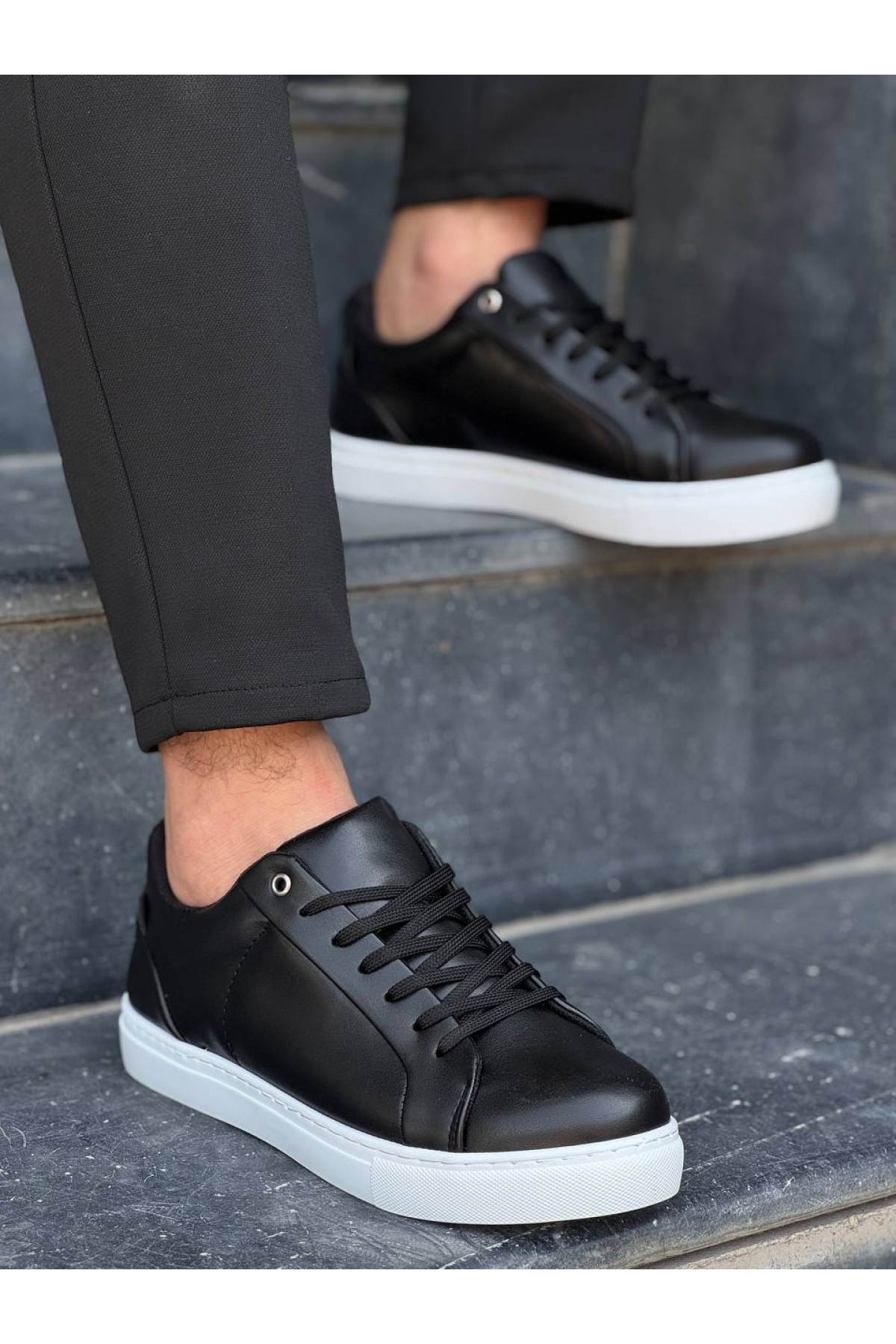 Bağcıklı Erkek Günlük Ayakkabı SİYAH (BEYAZ TABAN) - Görsel 4