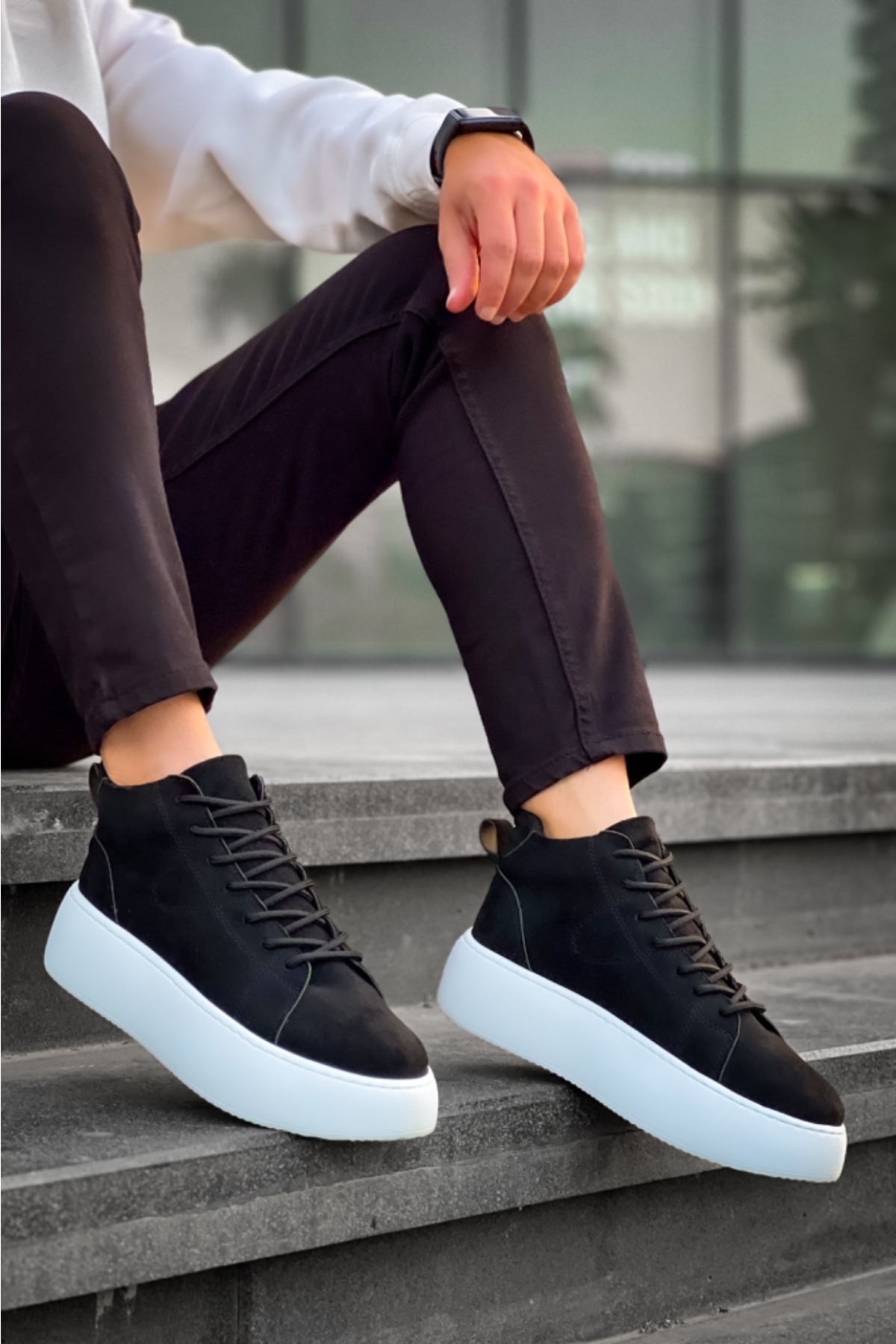 Bağcıklı Erkek Spor Bot SİYAH SÜET (BEYAZ TABAN) - Görsel 4