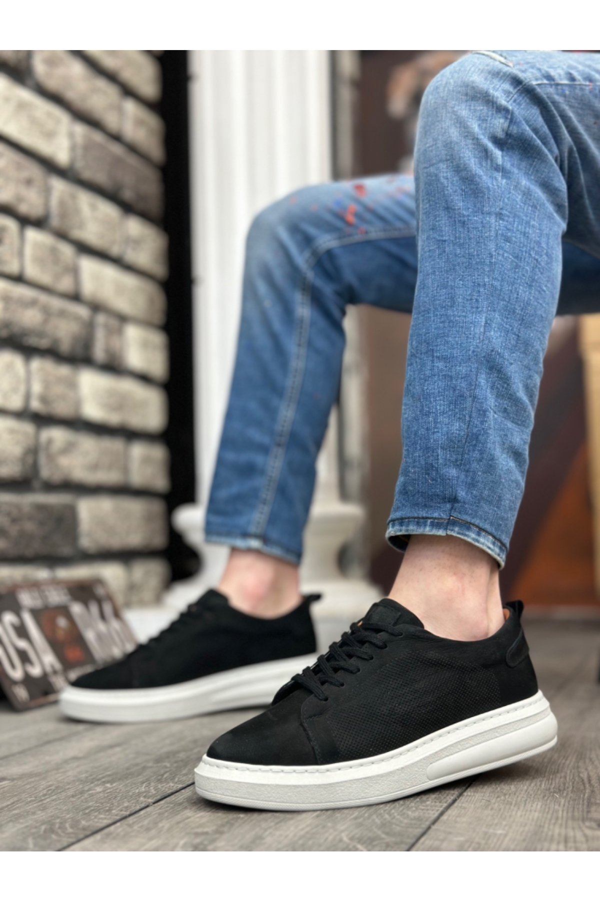Bağcıklı İçi Dışı Hakiki Deri Casual Erkek Ayakkabı SİYAH NUBUK (BEYAZ TABAN) - Görsel 3