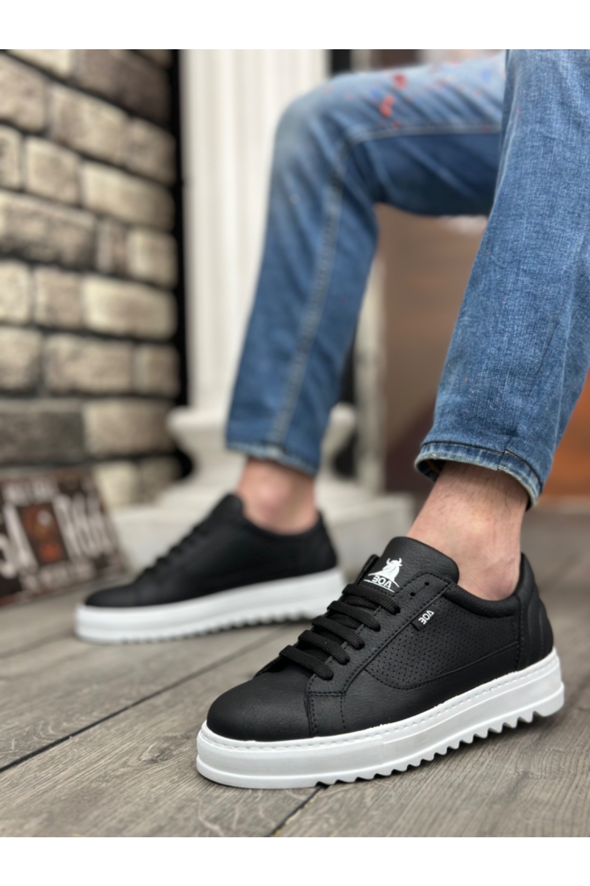 Bağcıklı Erkek Spor Ayakkabı SİYAH (BEYAZ TABAN) - Görsel 3
