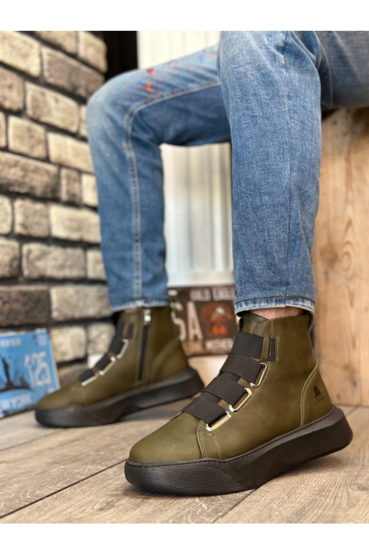 Bantlı Fermuarlı Erkek Spor Bot HAKİ YEŞİL (SİYAH TABAN) - Görsel 3