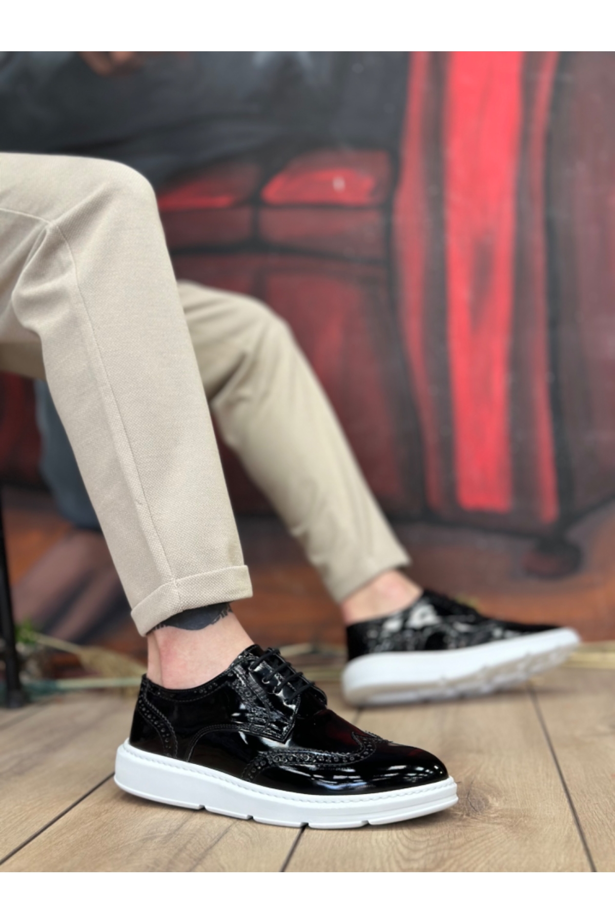 Bağcıklı Casual Erkek Ayakkabı SİYAH RUGAN (BEYAZ TABAN) - Görsel 2
