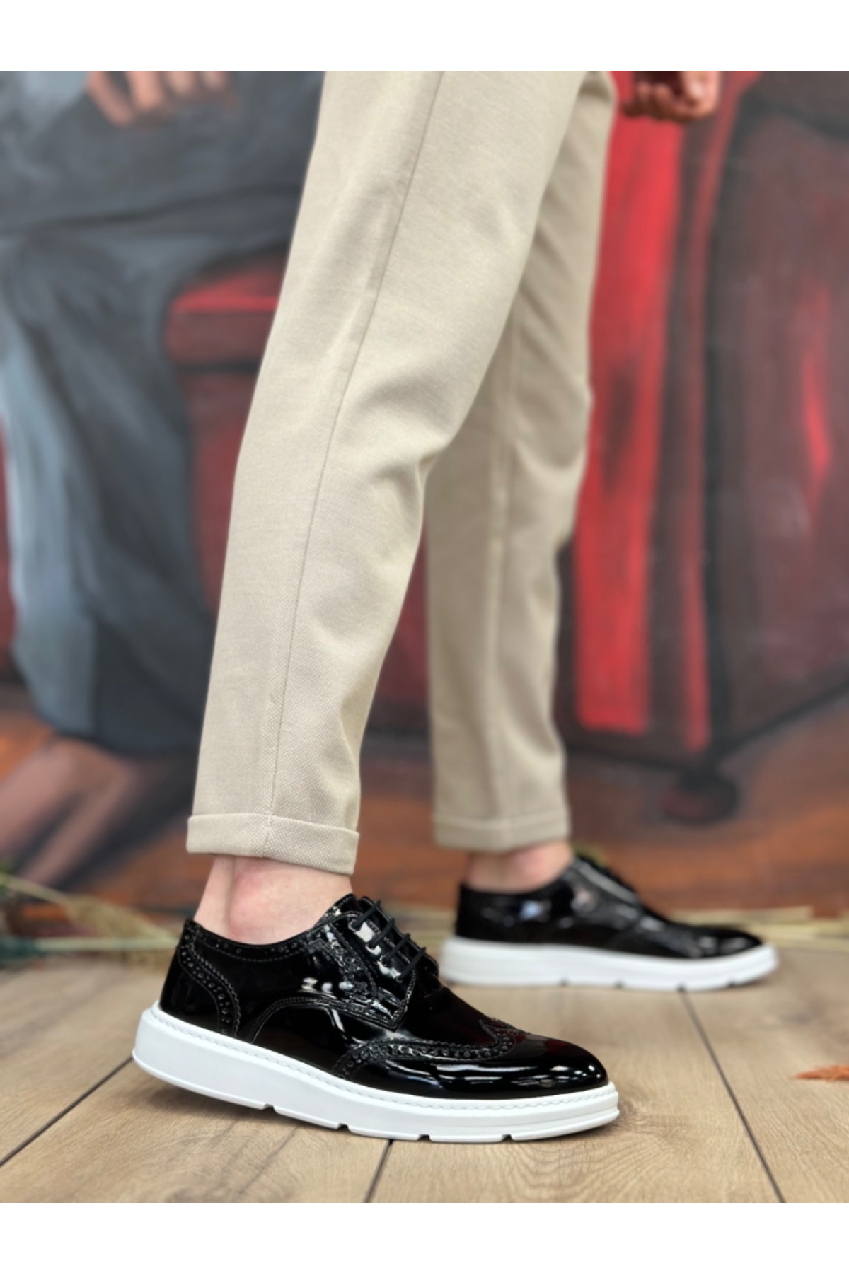 Bağcıklı Casual Erkek Ayakkabı SİYAH RUGAN (BEYAZ TABAN) - Görsel 3