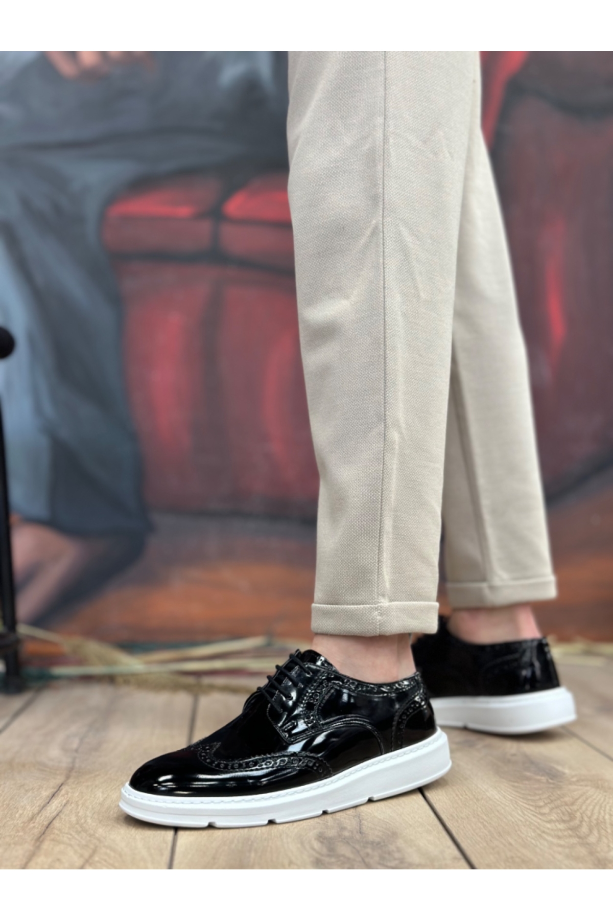 Bağcıklı Casual Erkek Ayakkabı SİYAH RUGAN (BEYAZ TABAN) - Görsel 4