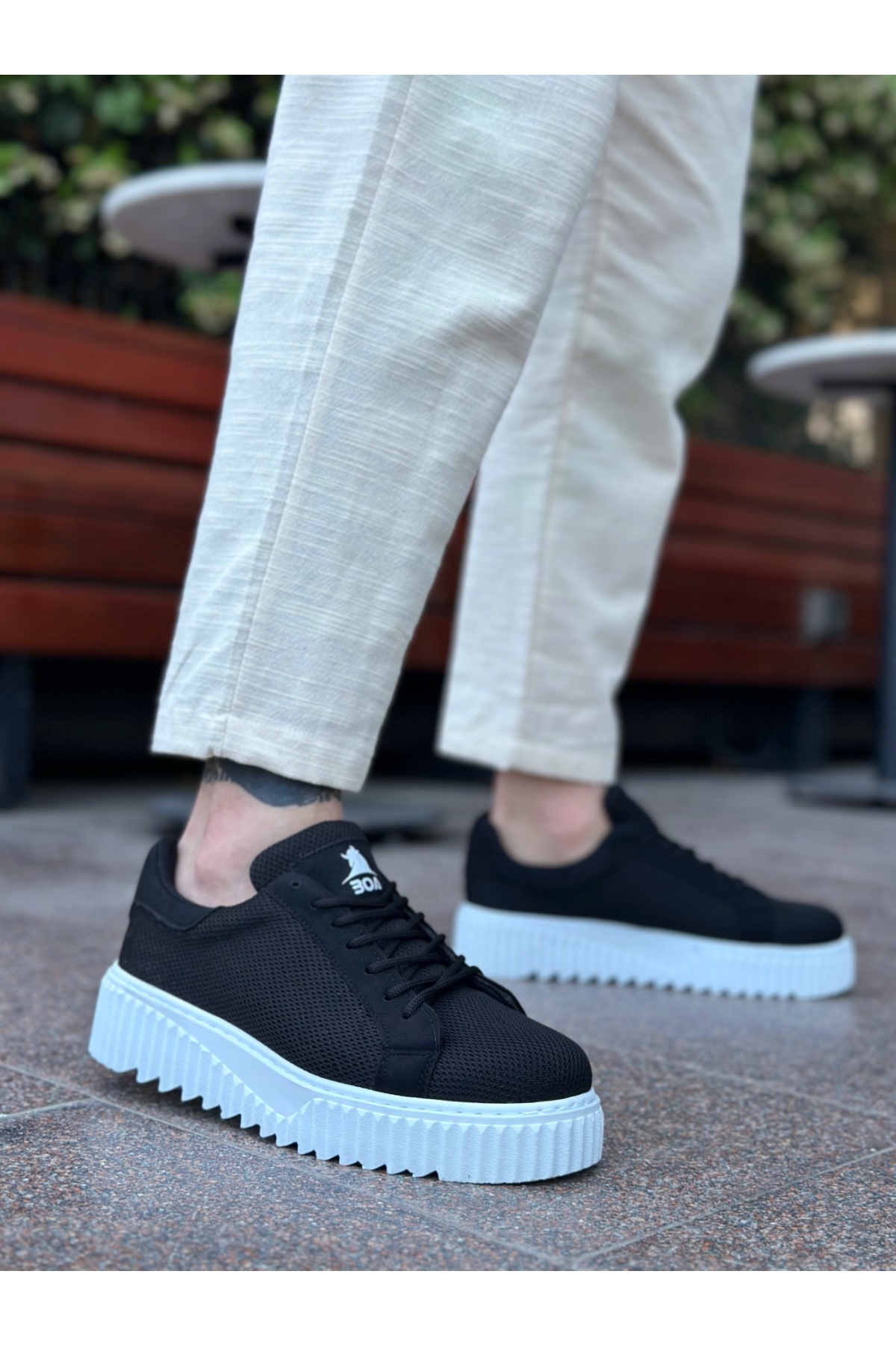 Bağcıklı Triko Erkek Günlük Ayakkabı SİYAH (BEYAZ TABAN) - Görsel 2