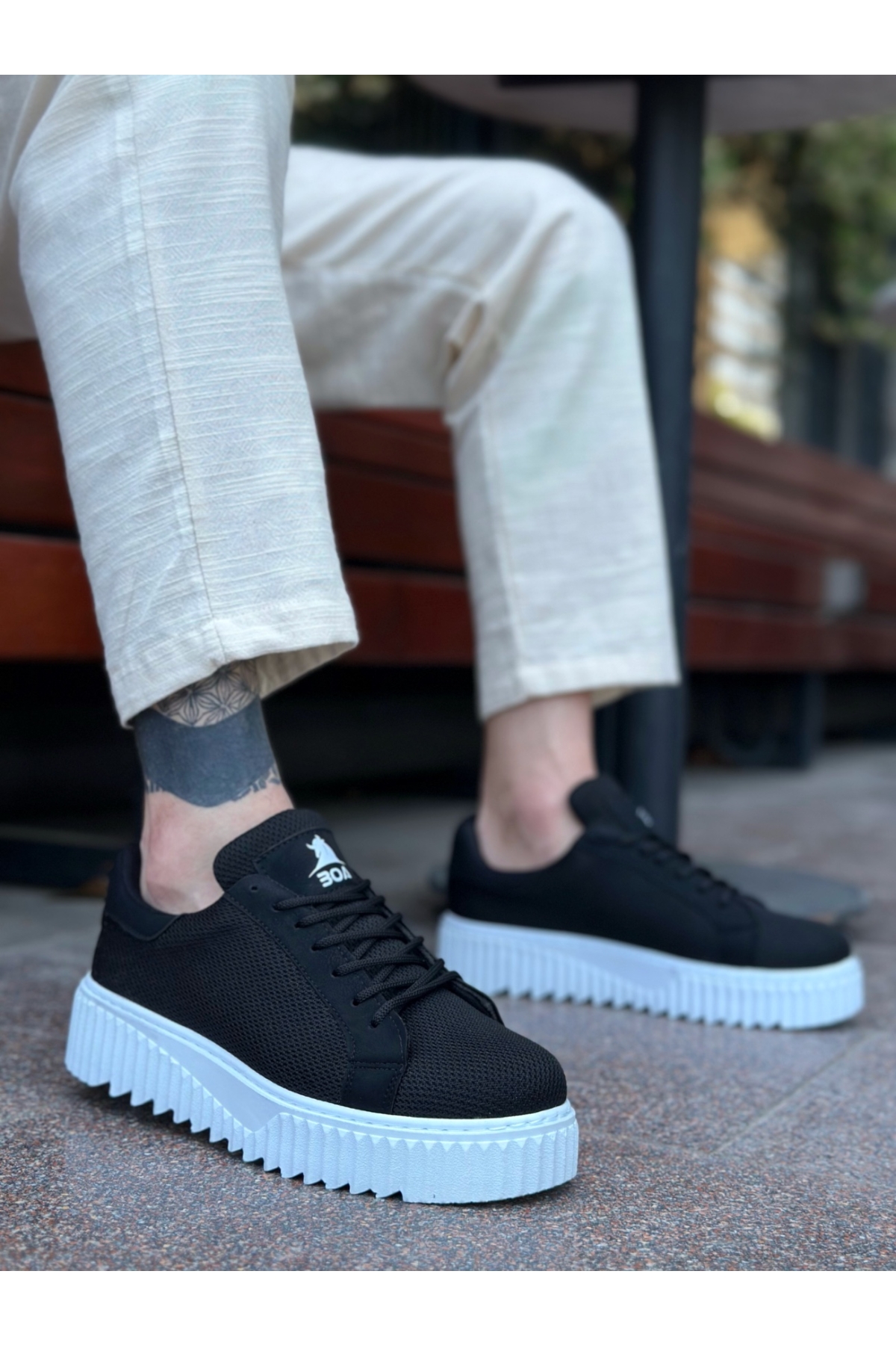 Bağcıklı Triko Erkek Günlük Ayakkabı SİYAH (BEYAZ TABAN) - Görsel 3