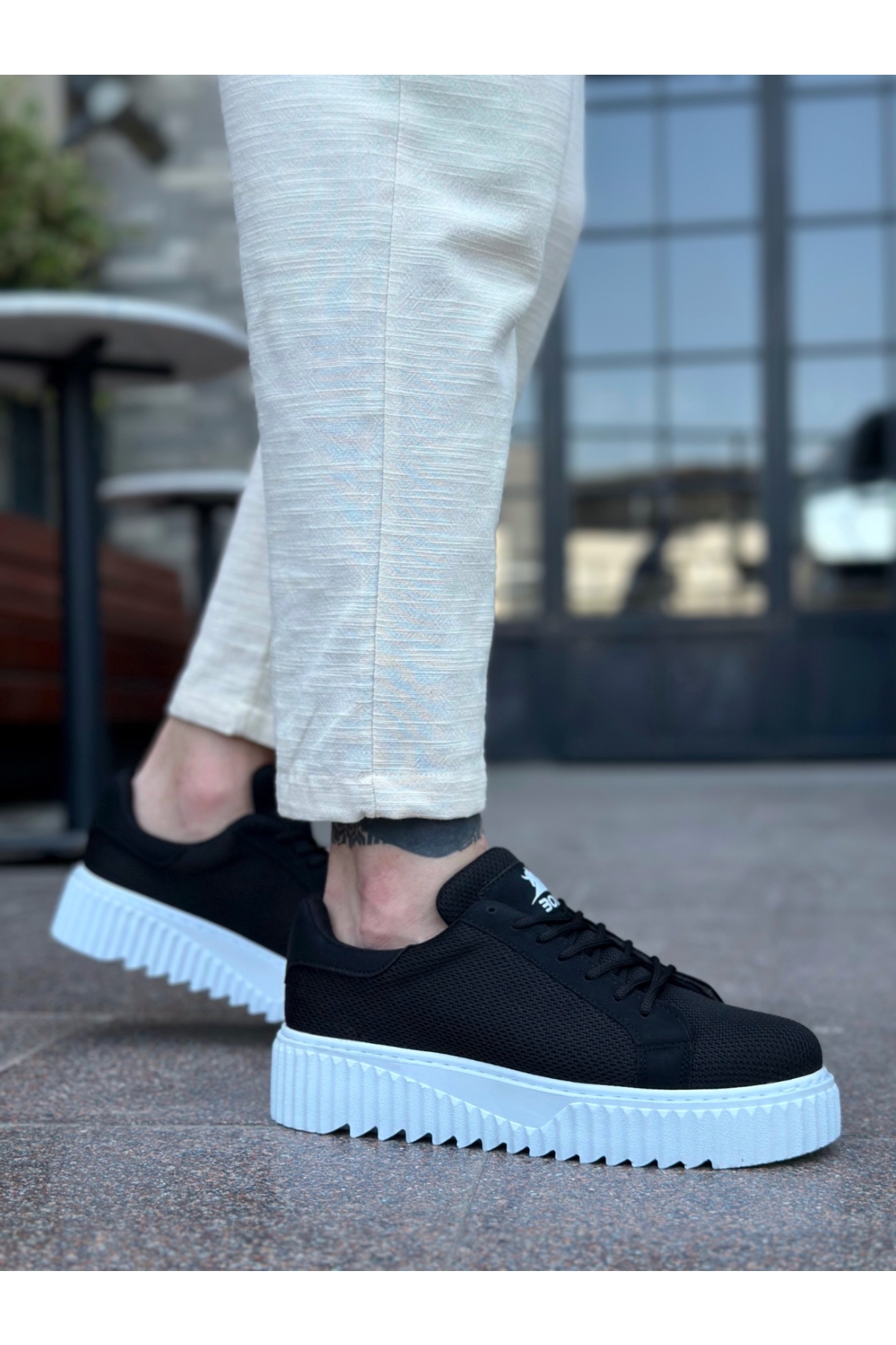 Bağcıklı Triko Erkek Günlük Ayakkabı SİYAH (BEYAZ TABAN) - Görsel 4