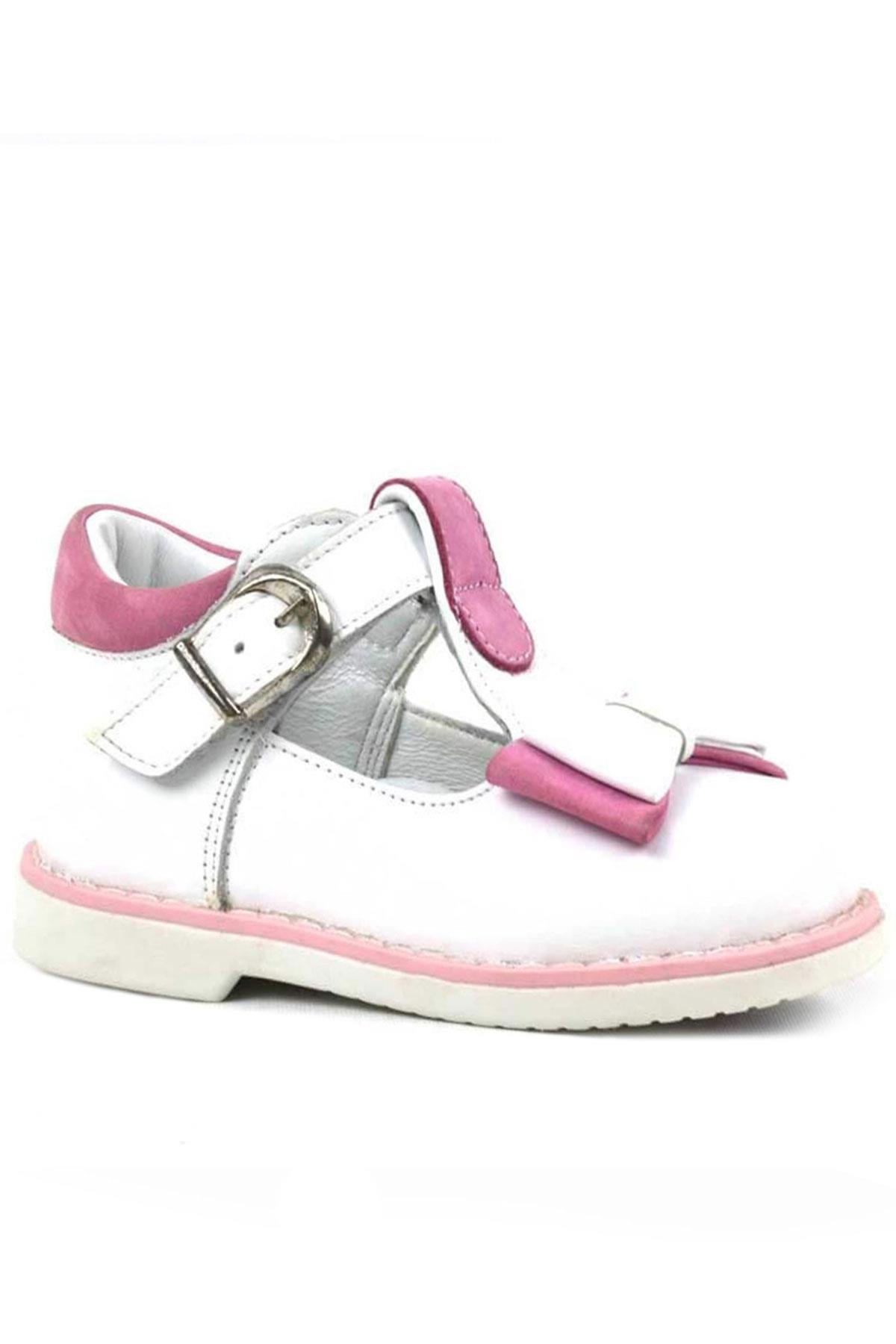 Hakiki Deri Beyaz Pembe Fiyonklu Kız Bebek Çocuk Sandalet Ayakkabı - Görsel 2