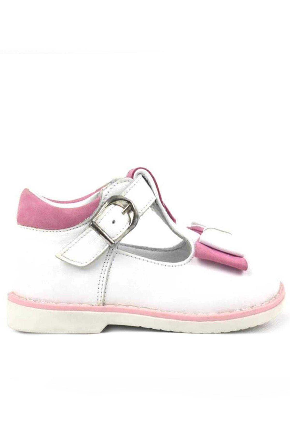 Hakiki Deri Beyaz Pembe Fiyonklu Kız Bebek Çocuk Sandalet Ayakkabı - Görsel 3