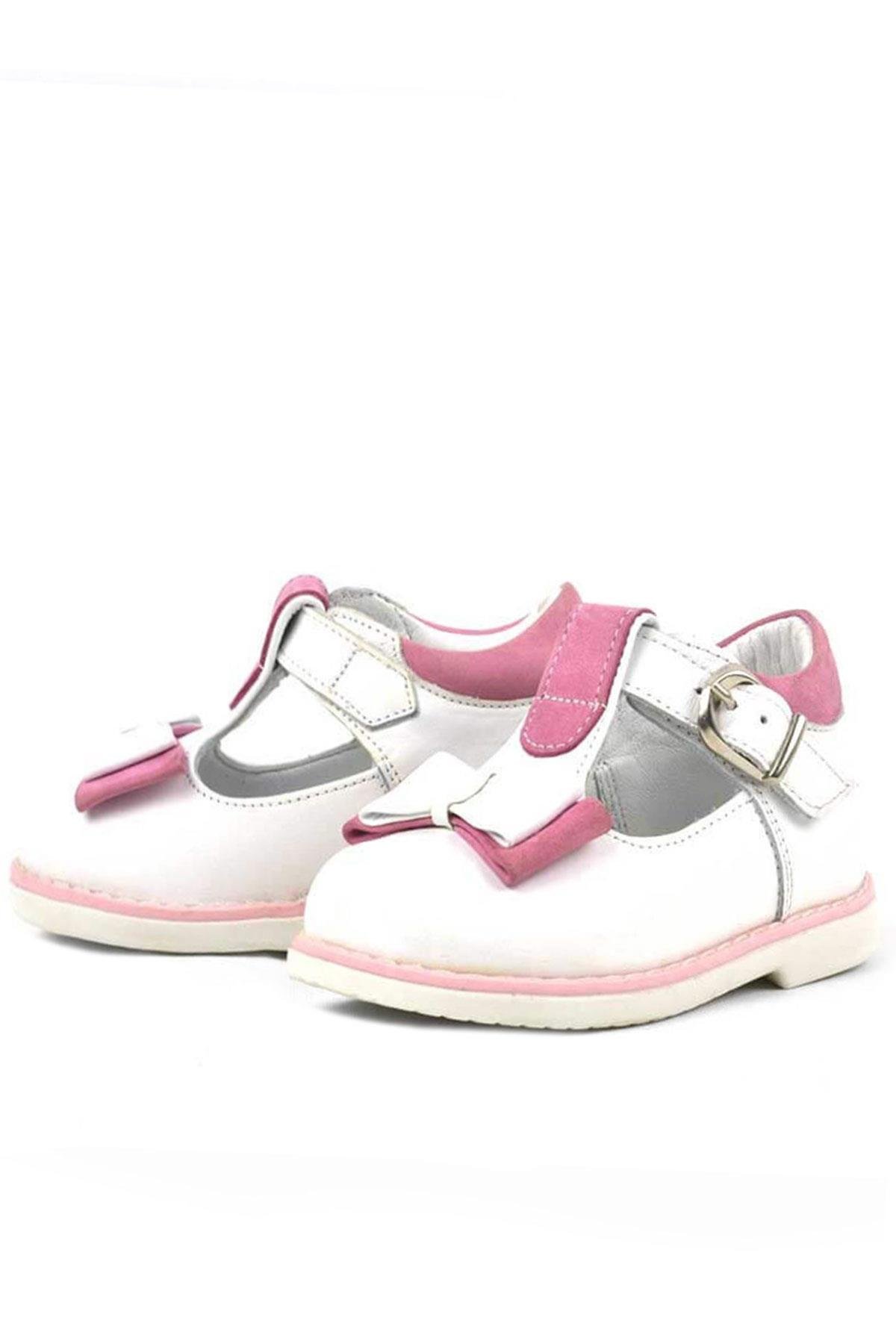 Hakiki Deri Beyaz Pembe Fiyonklu Kız Bebek Çocuk Sandalet Ayakkabı - Görsel 4