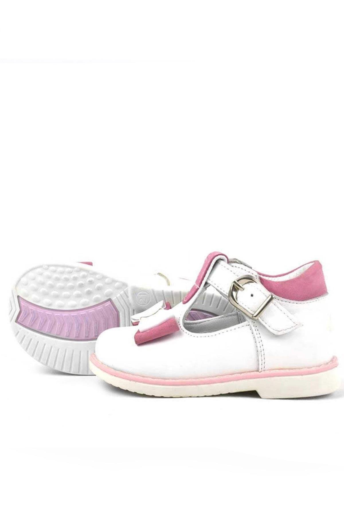 Hakiki Deri Beyaz Pembe Fiyonklu Kız Bebek Çocuk Sandalet Ayakkabı - Görsel 5
