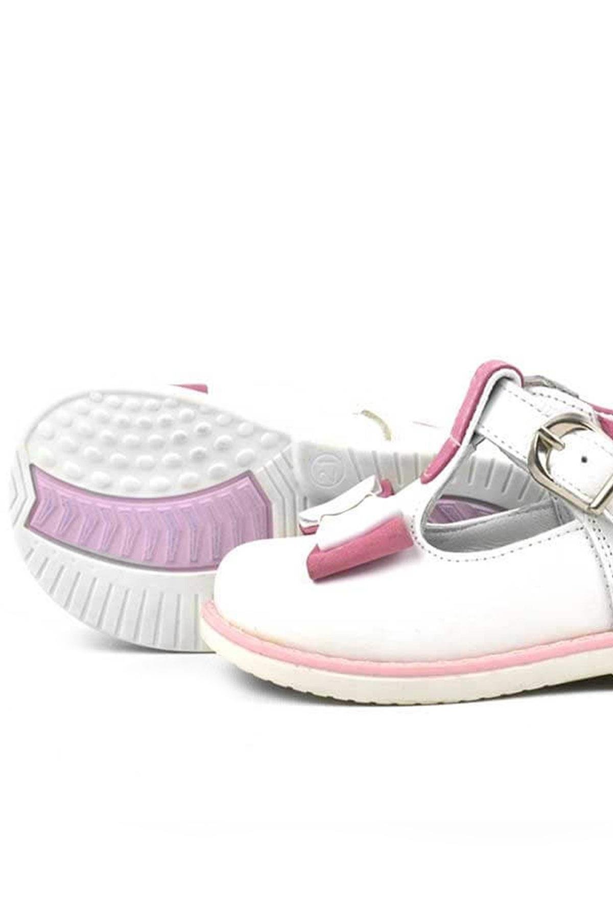 Hakiki Deri Beyaz Pembe Fiyonklu Kız Bebek Çocuk Sandalet Ayakkabı - Görsel 6