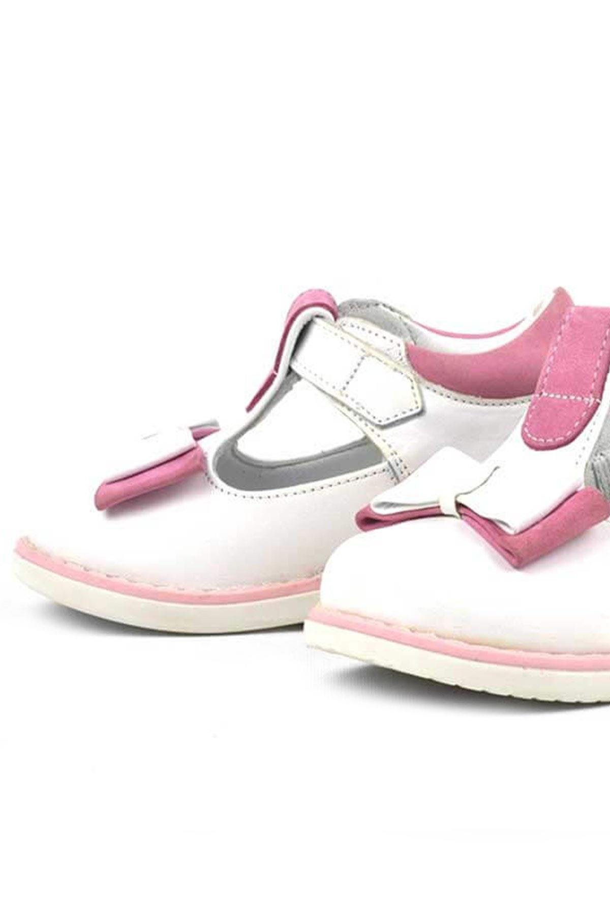 Hakiki Deri Beyaz Pembe Fiyonklu Kız Bebek Çocuk Sandalet Ayakkabı - Görsel 7