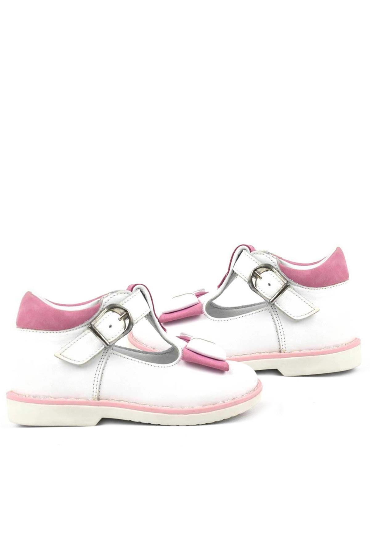 Hakiki Deri Beyaz Pembe Fiyonklu Kız Bebek Çocuk Sandalet Ayakkabı - Görsel 8