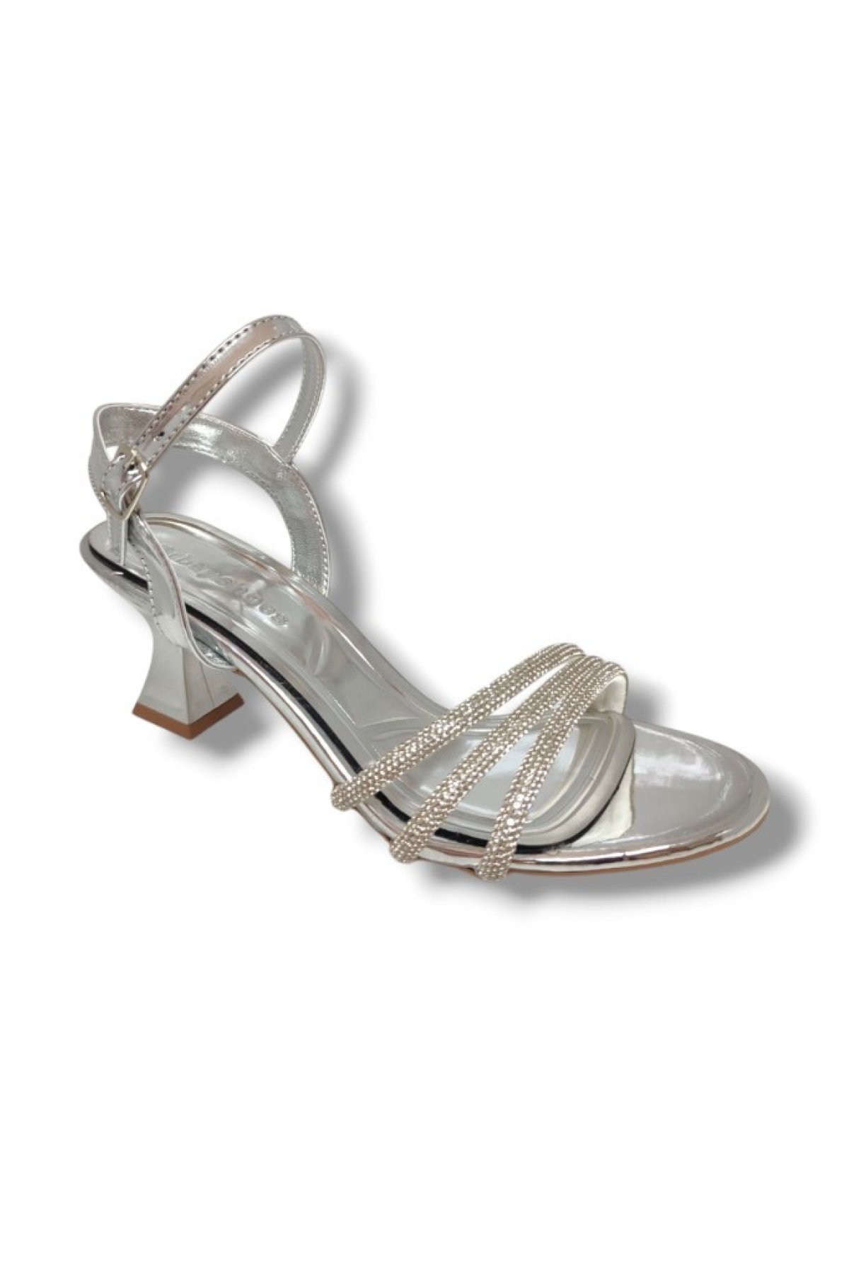 284-25 Parlak Deri 3 Bant Taşlı Kısa Kare Topuk Kadın Sandalet - Görsel 2