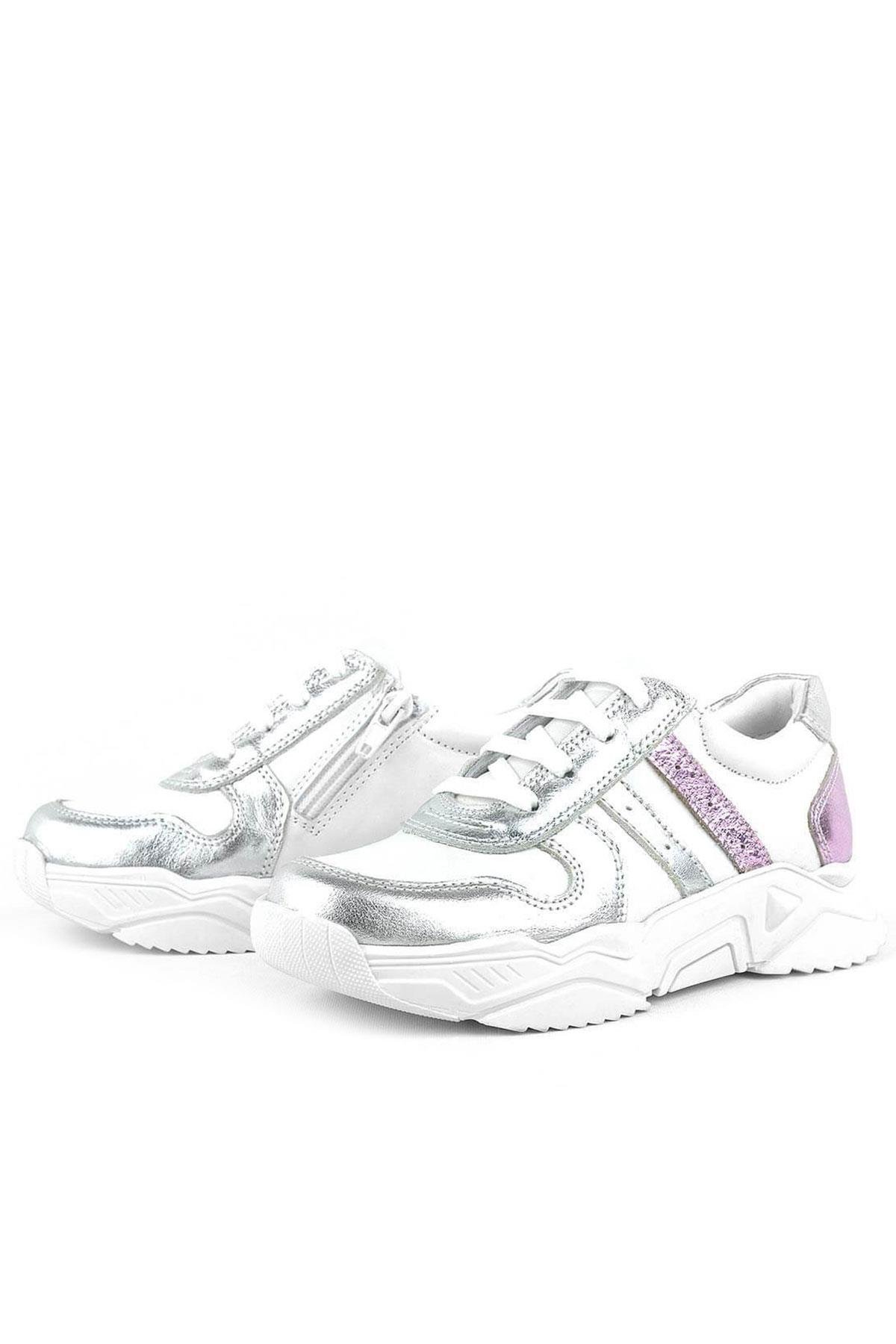 Hakiki Deri Gümüş Pembe Kalın Tabanlı Kız Çocuk Sneakers Ayakkabı - Görsel 5