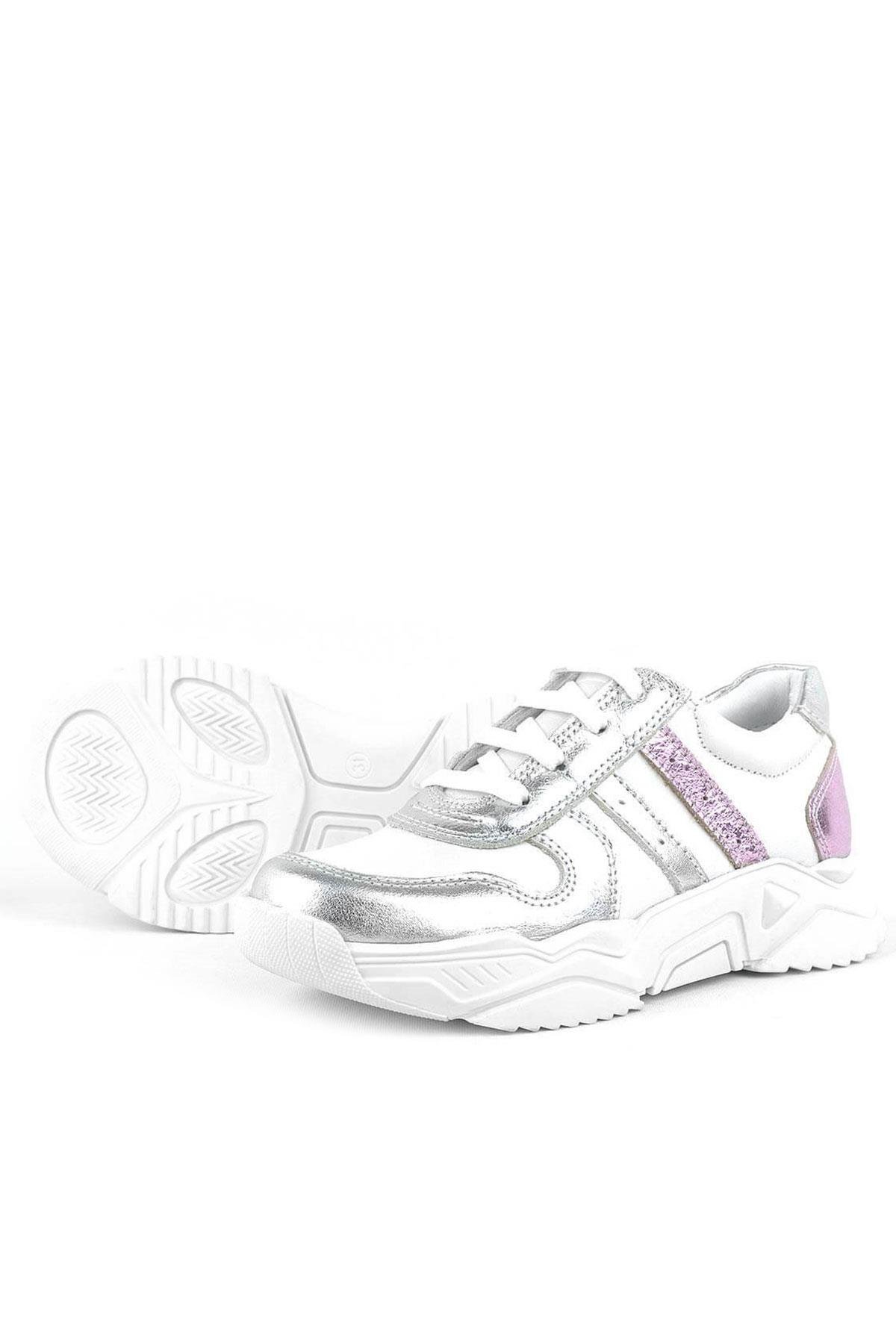 Hakiki Deri Gümüş Pembe Kalın Tabanlı Kız Çocuk Sneakers Ayakkabı - Görsel 6