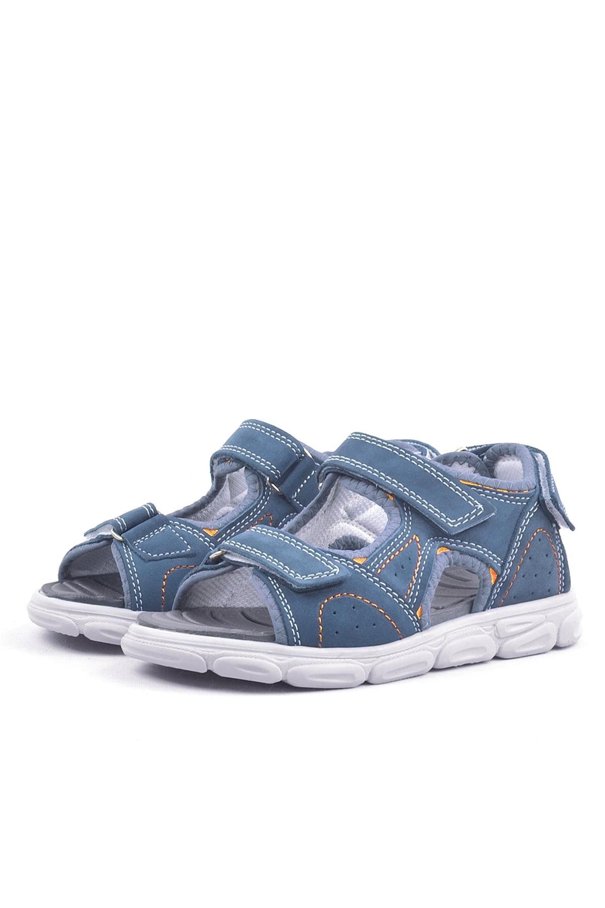 Hakiki Deri Mavi Cırtlı Çocuk Sandalet Ayakkabı - Görsel 5