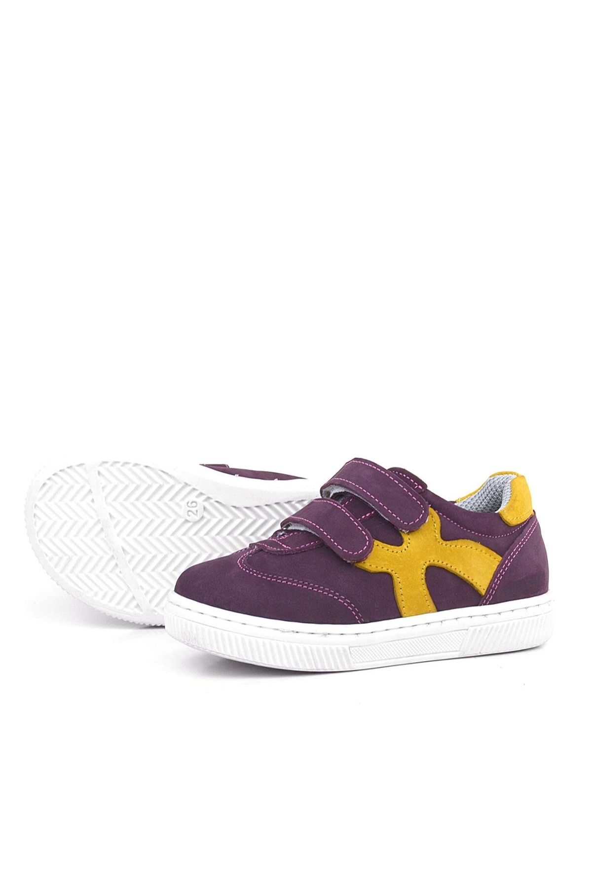 Hakiki Deri Mor Sarı Cırtlı Çocuk Spor Ayakkabı - Görsel 6
