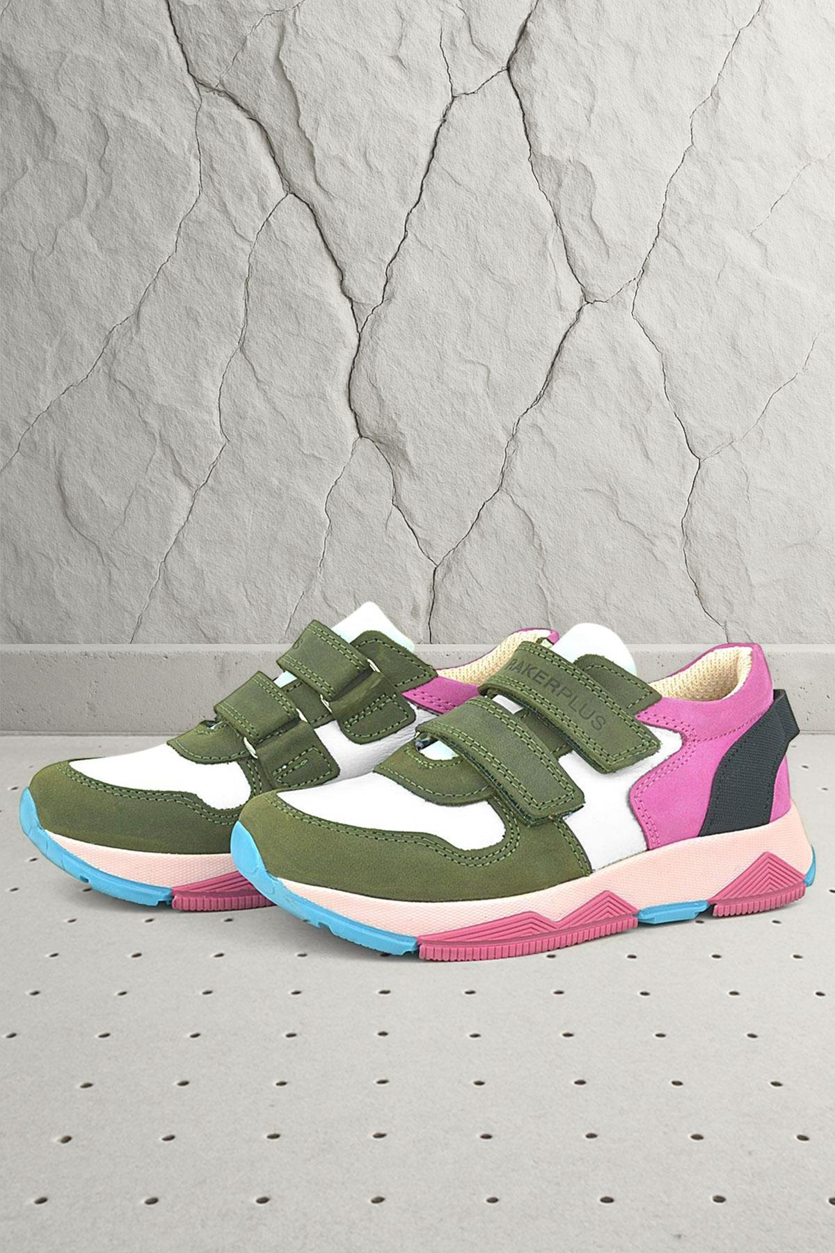 Hakiki Deri Yeşil Pembe Çocuk Sneakers Spor Ayakkabı - Görsel 3