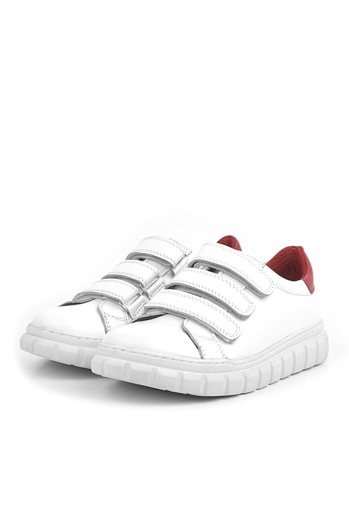 Hakiki Deri Beyaz Kırmızı Cırtlı Çocuk Günlük Spor Okul Ayakkabı - Görsel 4