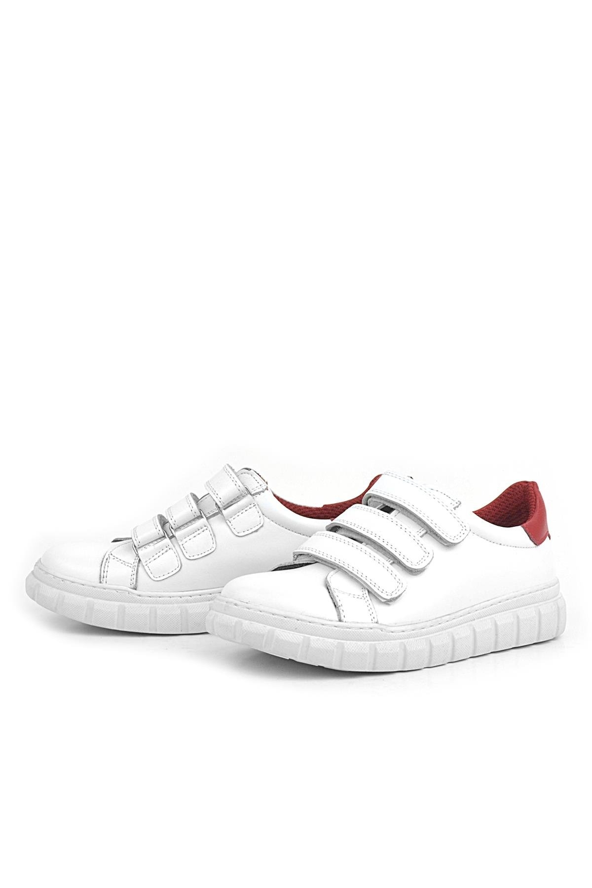 Hakiki Deri Beyaz Kırmızı Cırtlı Çocuk Günlük Spor Okul Ayakkabı - Görsel 5
