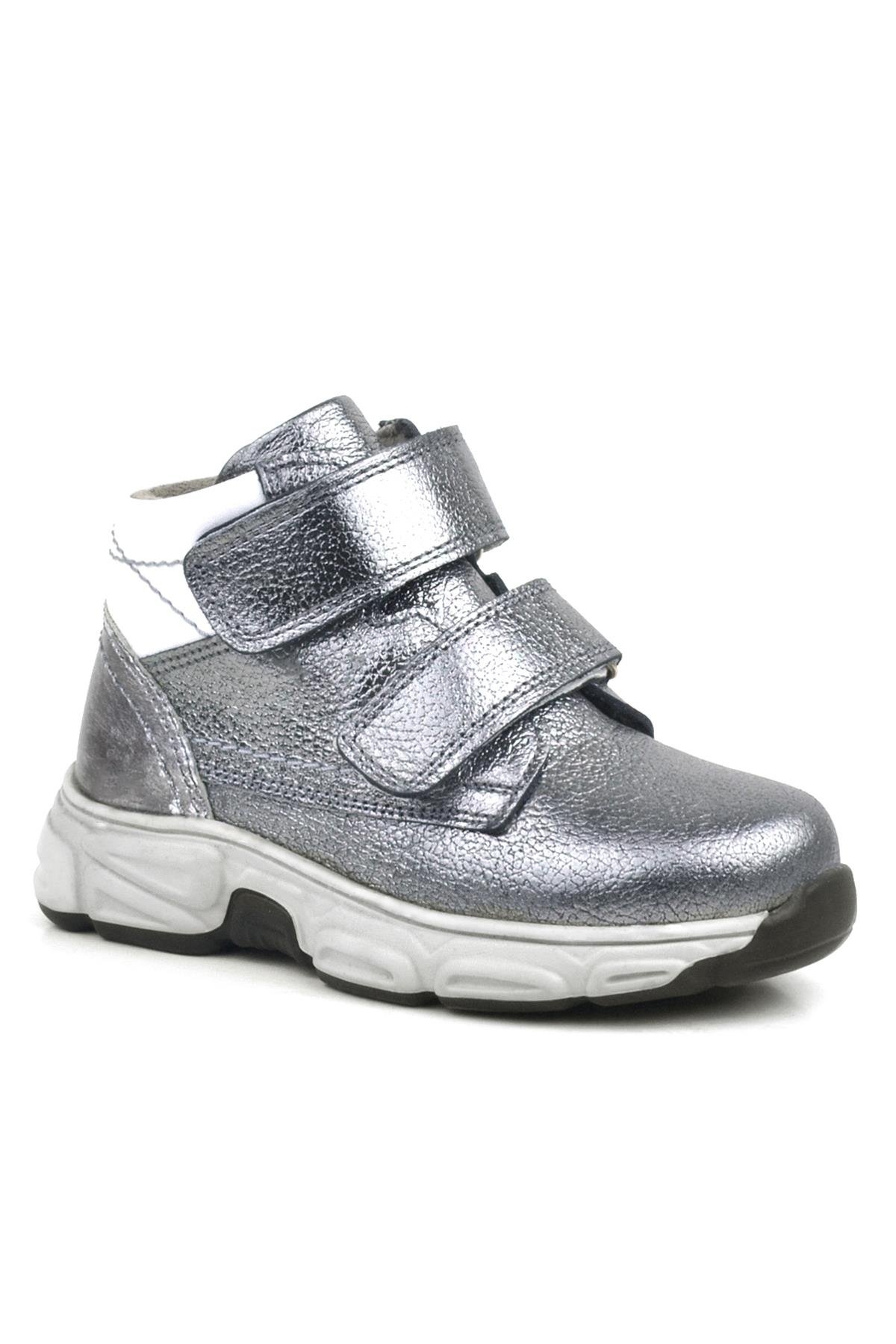 Hakiki Deri Platin Gri Cırtlı Kürklü Kız Çocuk Spor Bot - Görsel 2