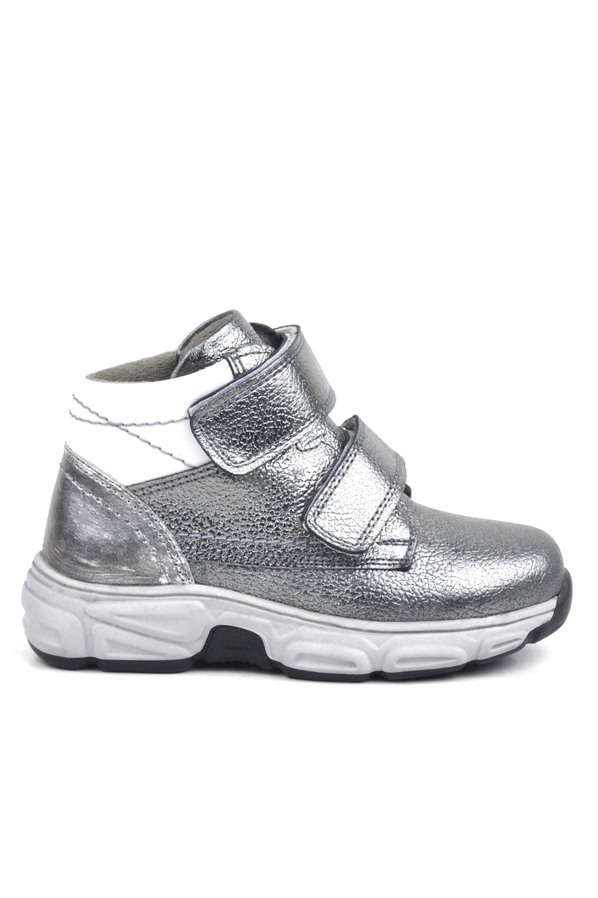 Hakiki Deri Platin Gri Cırtlı Kürklü Kız Çocuk Spor Bot - Görsel 3