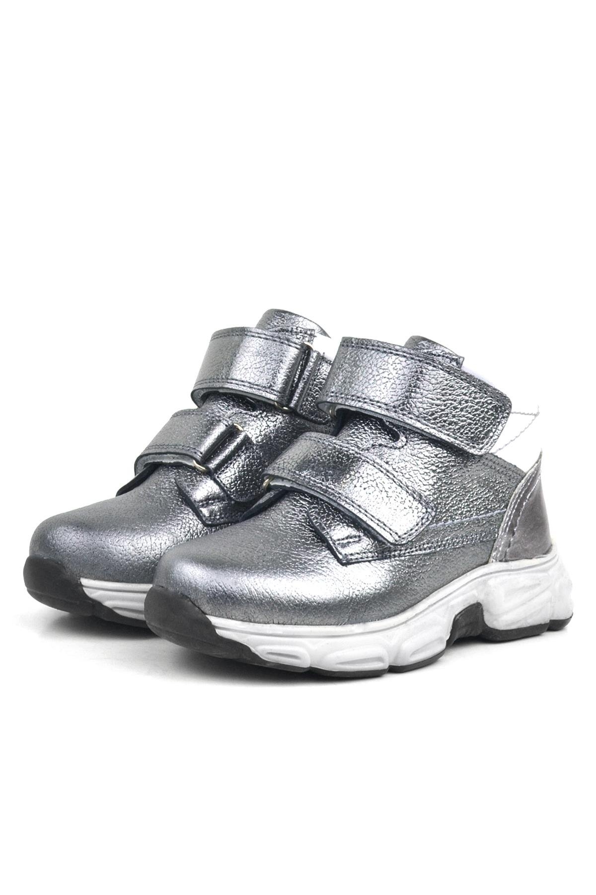 Hakiki Deri Platin Gri Cırtlı Kürklü Kız Çocuk Spor Bot - Görsel 4