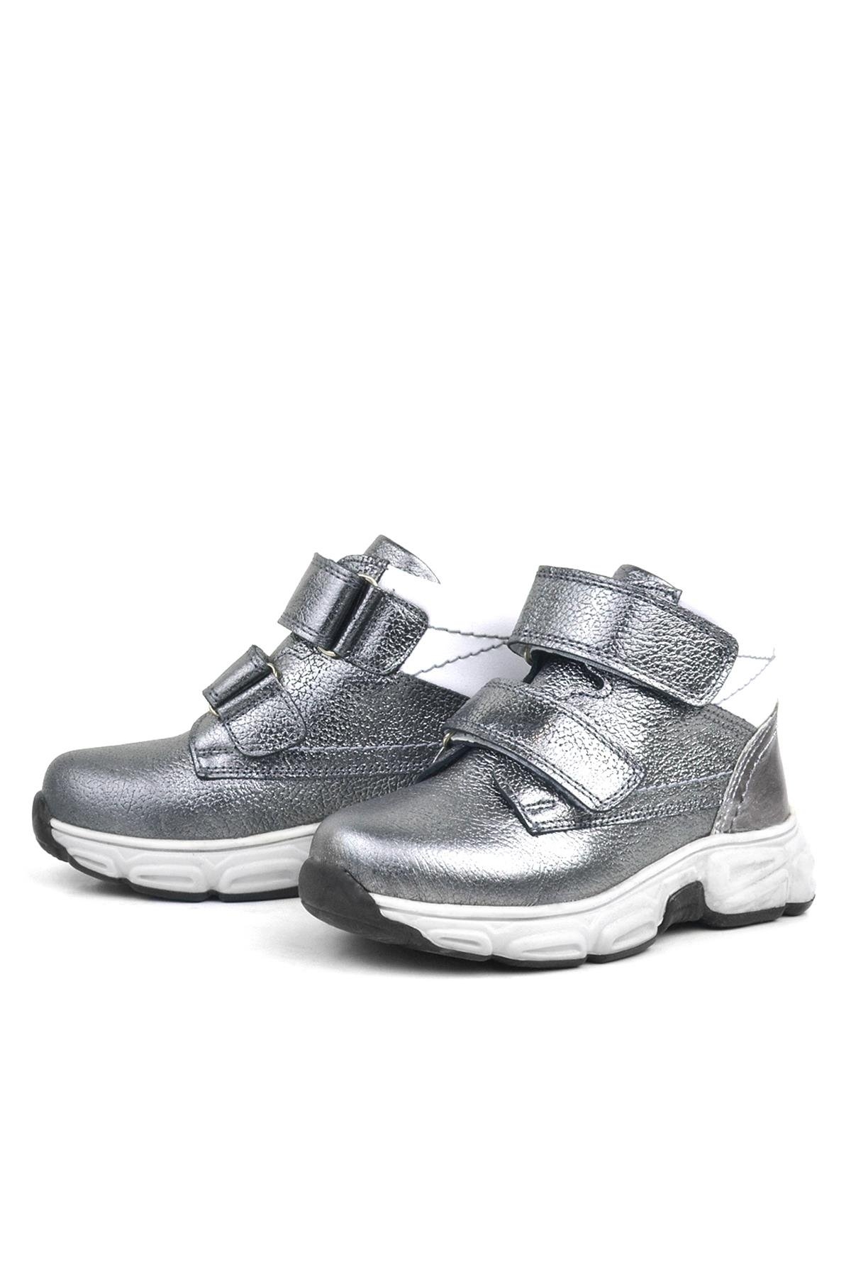 Hakiki Deri Platin Gri Cırtlı Kürklü Kız Çocuk Spor Bot - Görsel 5