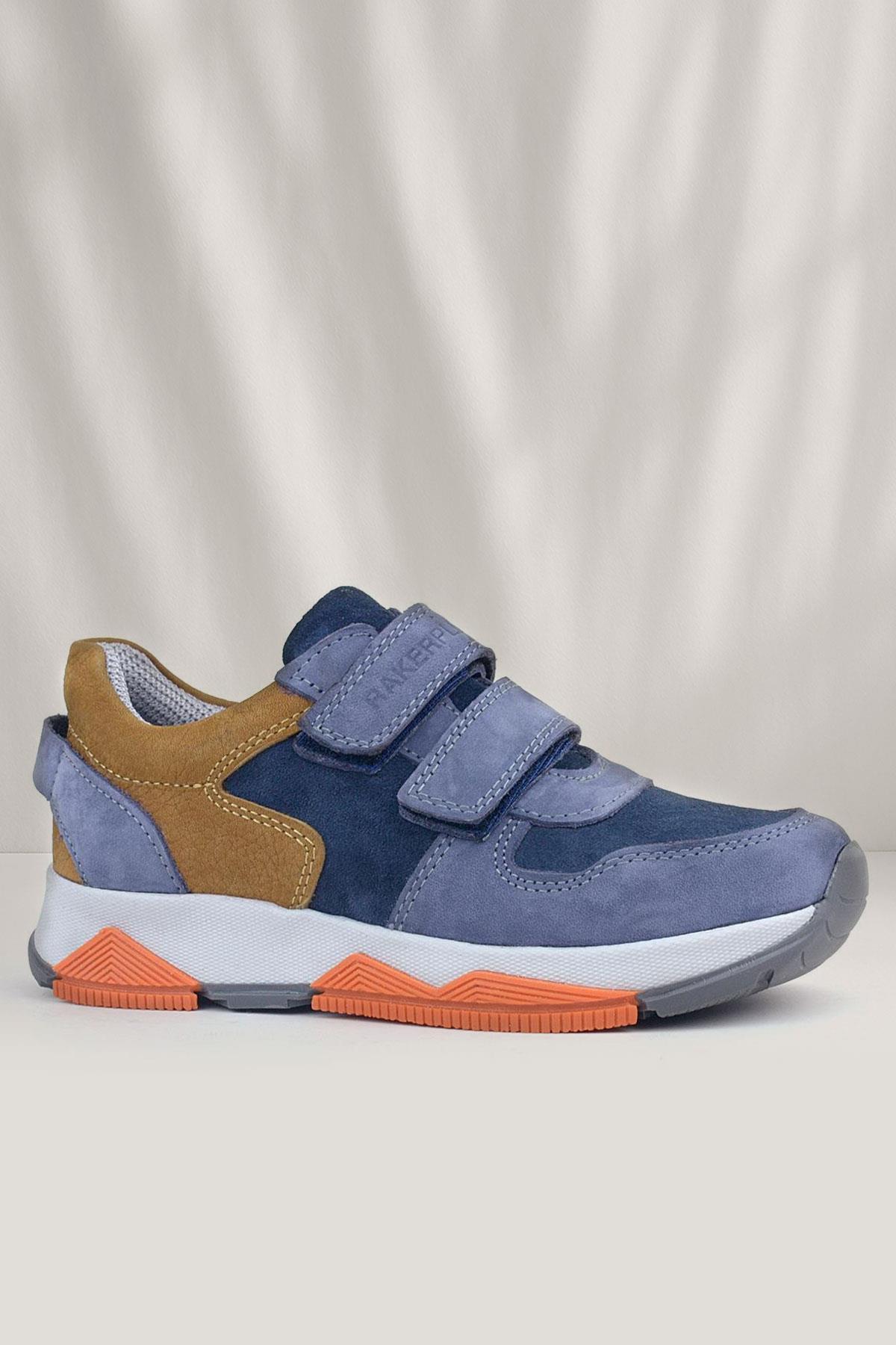 Hakiki Deri Mavi Süet Taba Çocuk Cırtlı Sneakers Spor Ayakkabı - Görsel 3