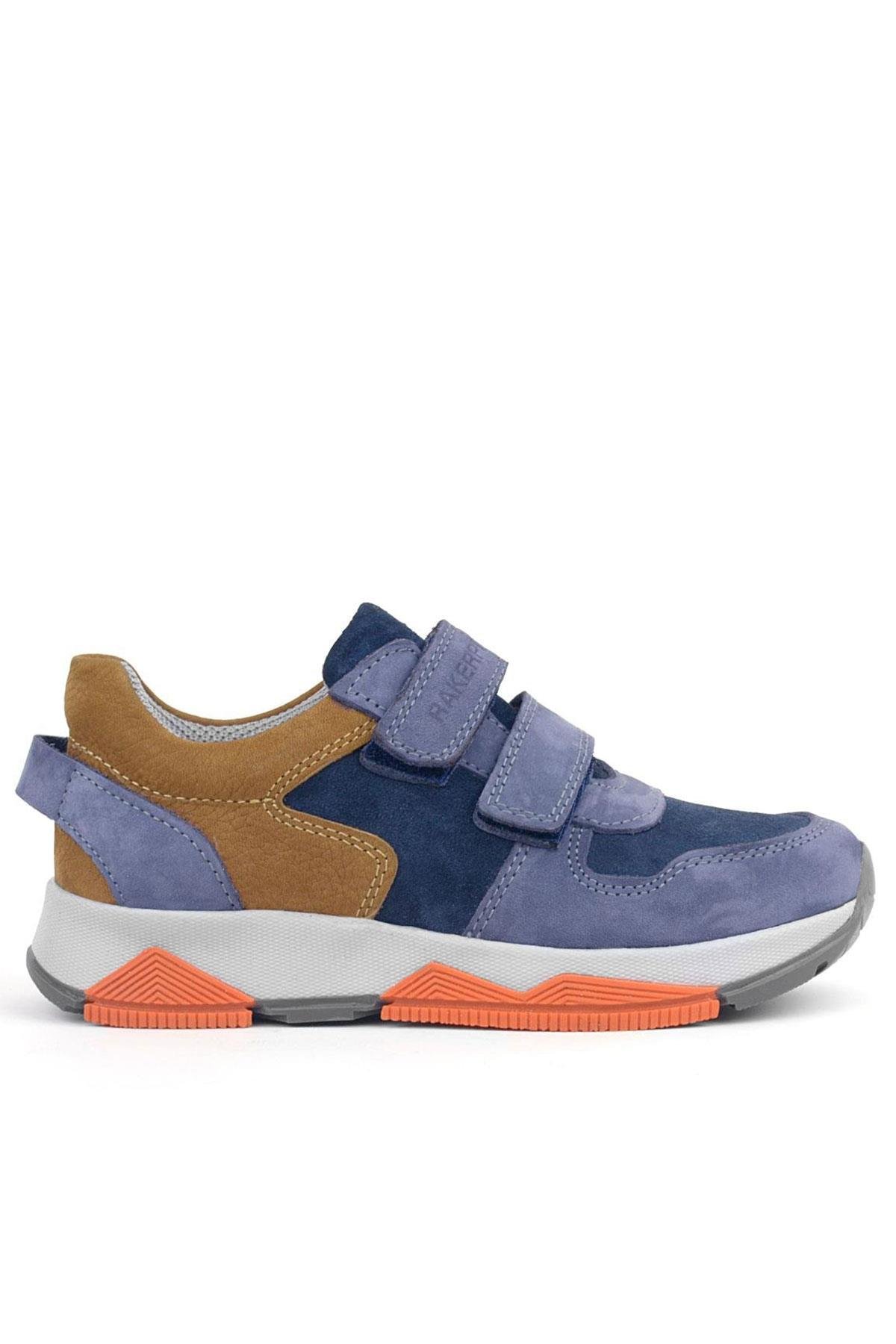 Hakiki Deri Mavi Süet Taba Çocuk Cırtlı Sneakers Spor Ayakkabı - Görsel 4