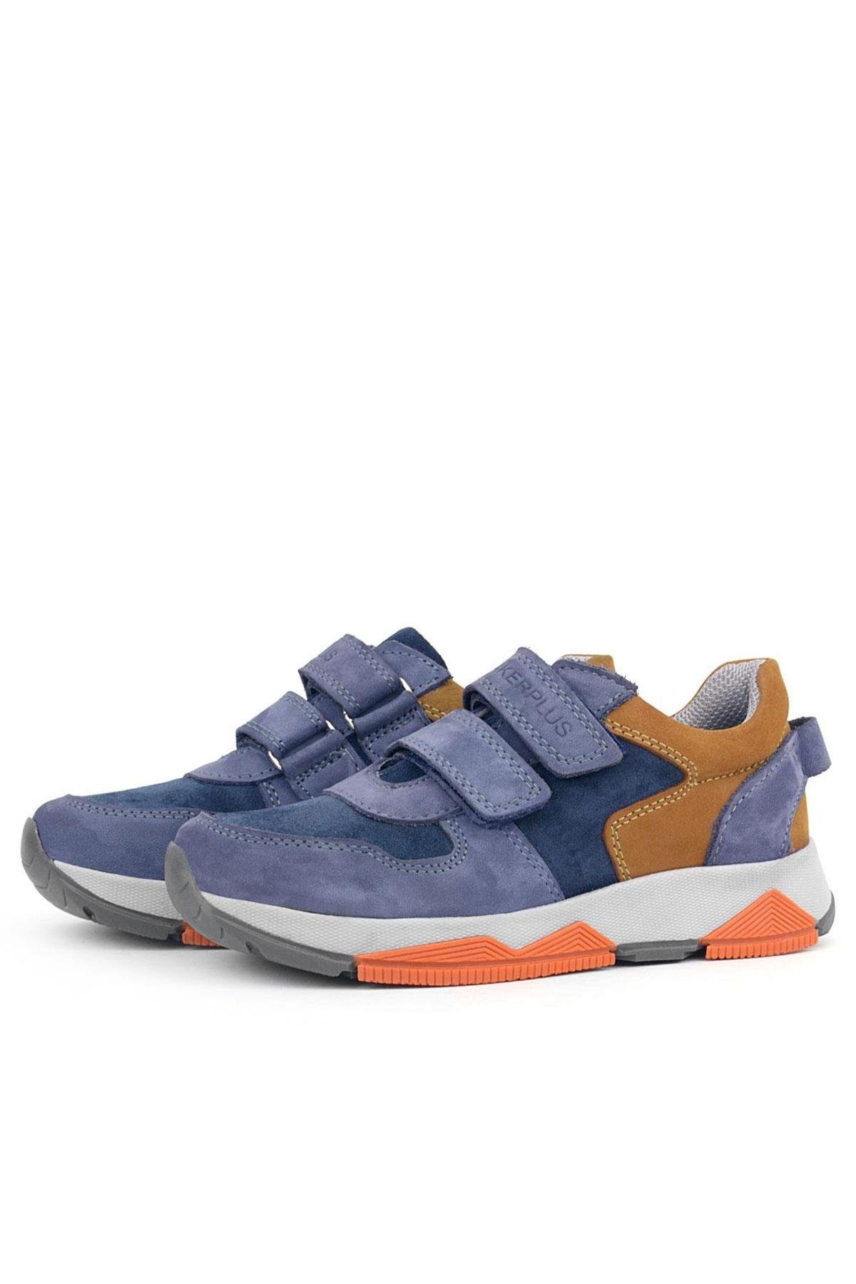 Hakiki Deri Mavi Süet Taba Çocuk Cırtlı Sneakers Spor Ayakkabı - Görsel 6