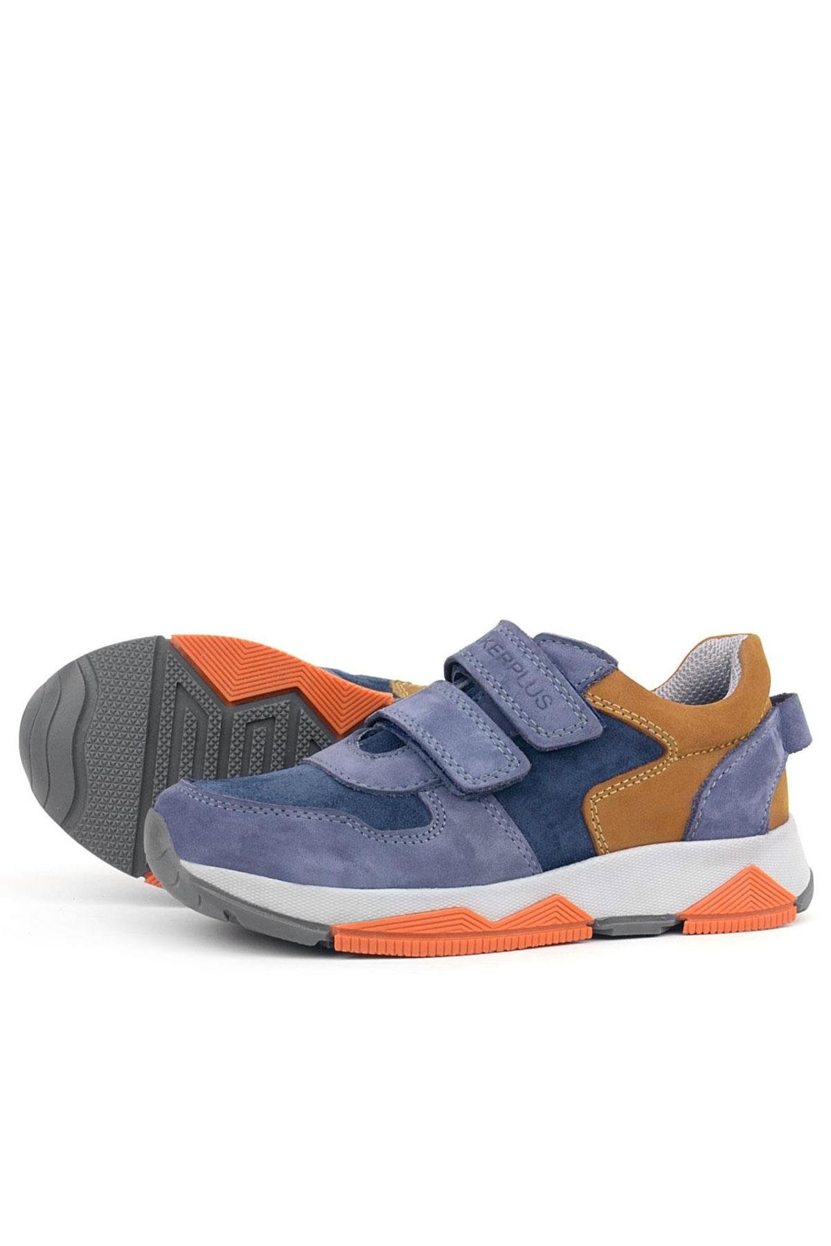 Hakiki Deri Mavi Süet Taba Çocuk Cırtlı Sneakers Spor Ayakkabı - Görsel 7