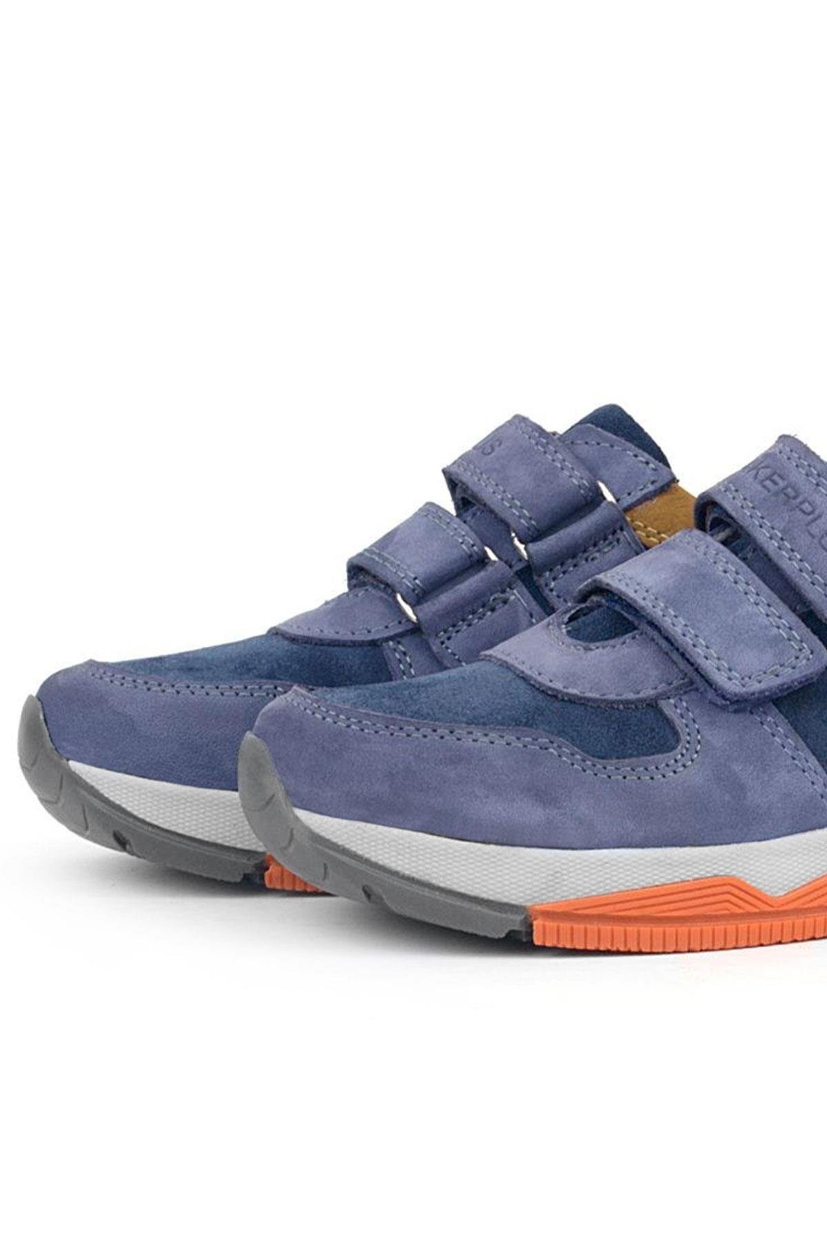 Hakiki Deri Mavi Süet Taba Çocuk Cırtlı Sneakers Spor Ayakkabı - Görsel 8