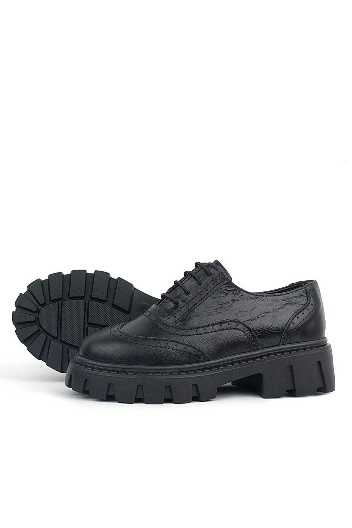 Siyah Kırışık Rugan Hakiki Deri Bağcıklı Oxford Günlük Ayakkabı - Görsel 7