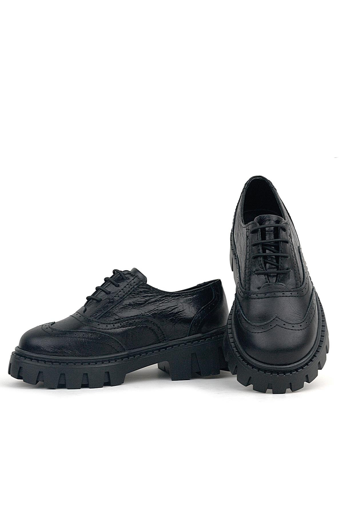 Siyah Kırışık Rugan Hakiki Deri Bağcıklı Oxford Günlük Ayakkabı - Görsel 8