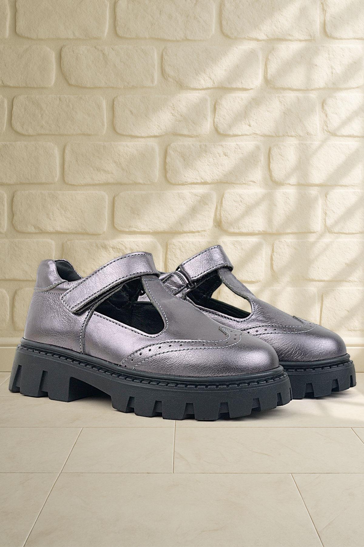 Hakiki Deri Platin Siyah Tabanlı Cırtlı Kız Çocuk Okul Ayakkabı - Görsel 2
