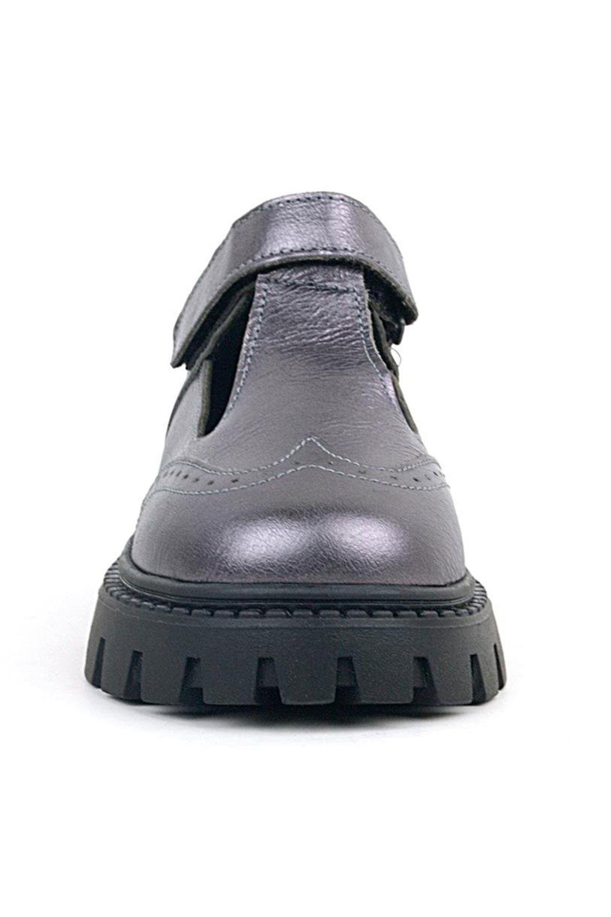 Hakiki Deri Platin Siyah Tabanlı Cırtlı Kız Çocuk Okul Ayakkabı - Görsel 5