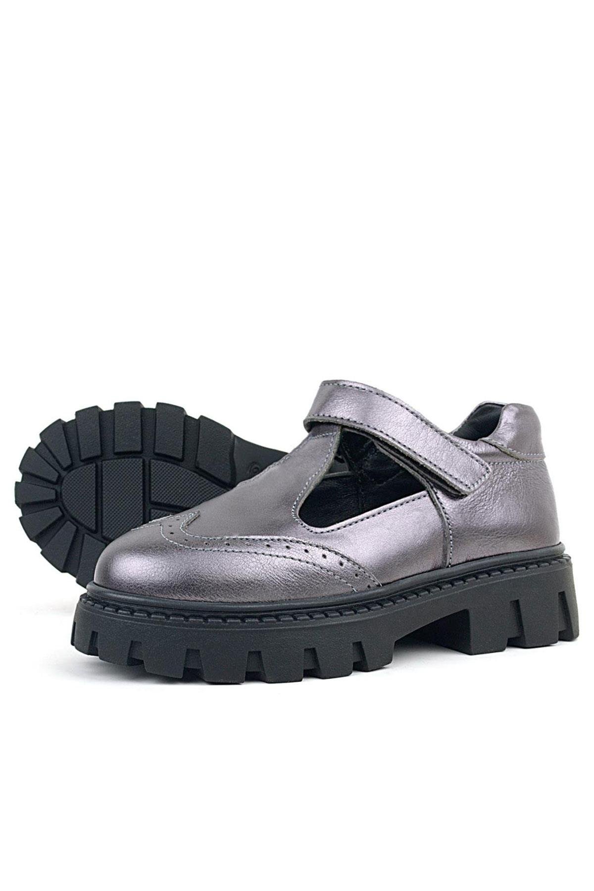 Hakiki Deri Platin Siyah Tabanlı Cırtlı Kız Çocuk Okul Ayakkabı - Görsel 7
