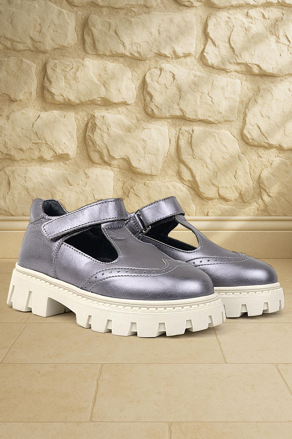 Hakiki Deri Platin Krem Tabanlı Cırtlı Kız Çocuk Okul Ayakkabı - Görsel 2