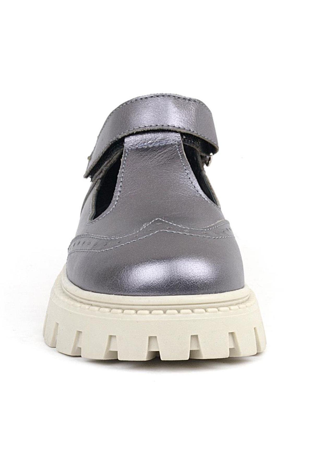Hakiki Deri Platin Krem Tabanlı Cırtlı Kız Çocuk Okul Ayakkabı - Görsel 5