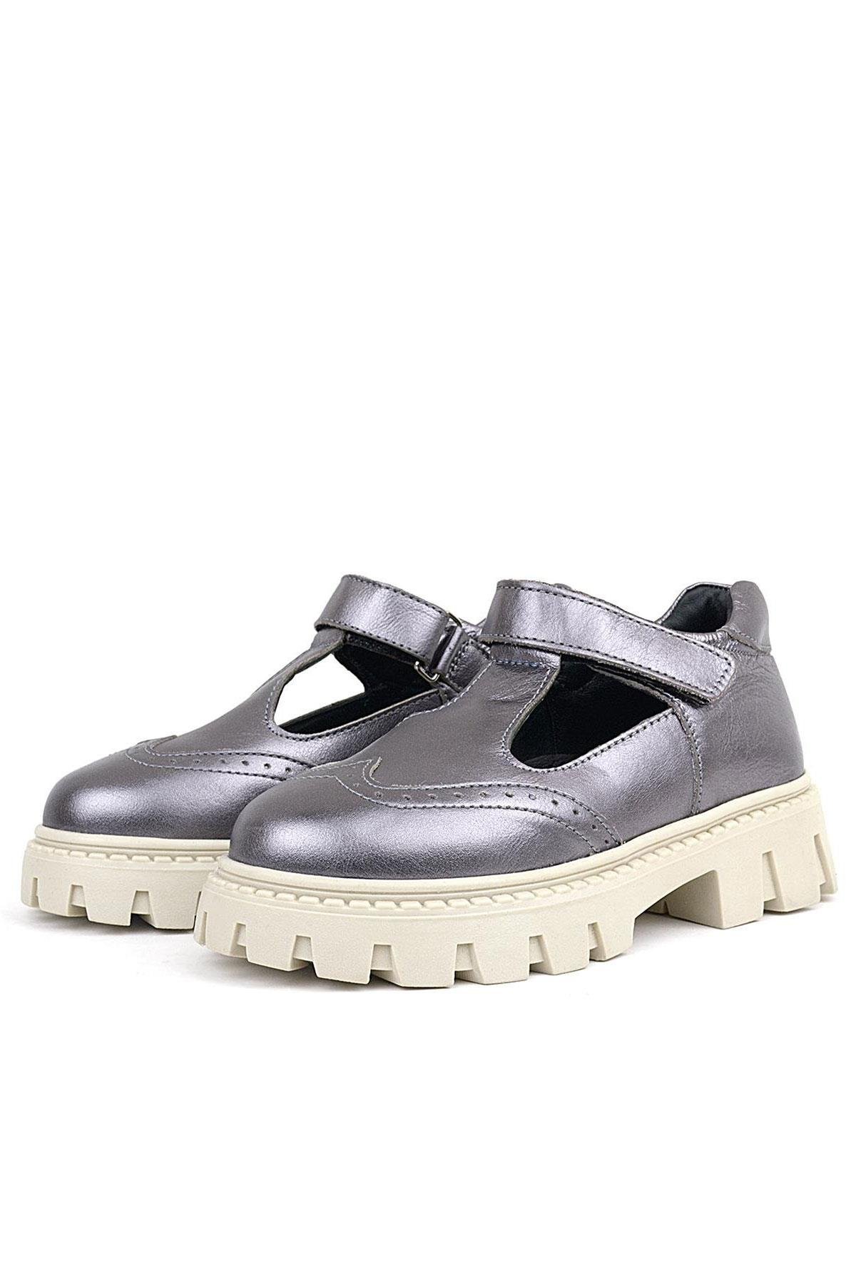 Hakiki Deri Platin Krem Tabanlı Cırtlı Kız Çocuk Okul Ayakkabı - Görsel 6