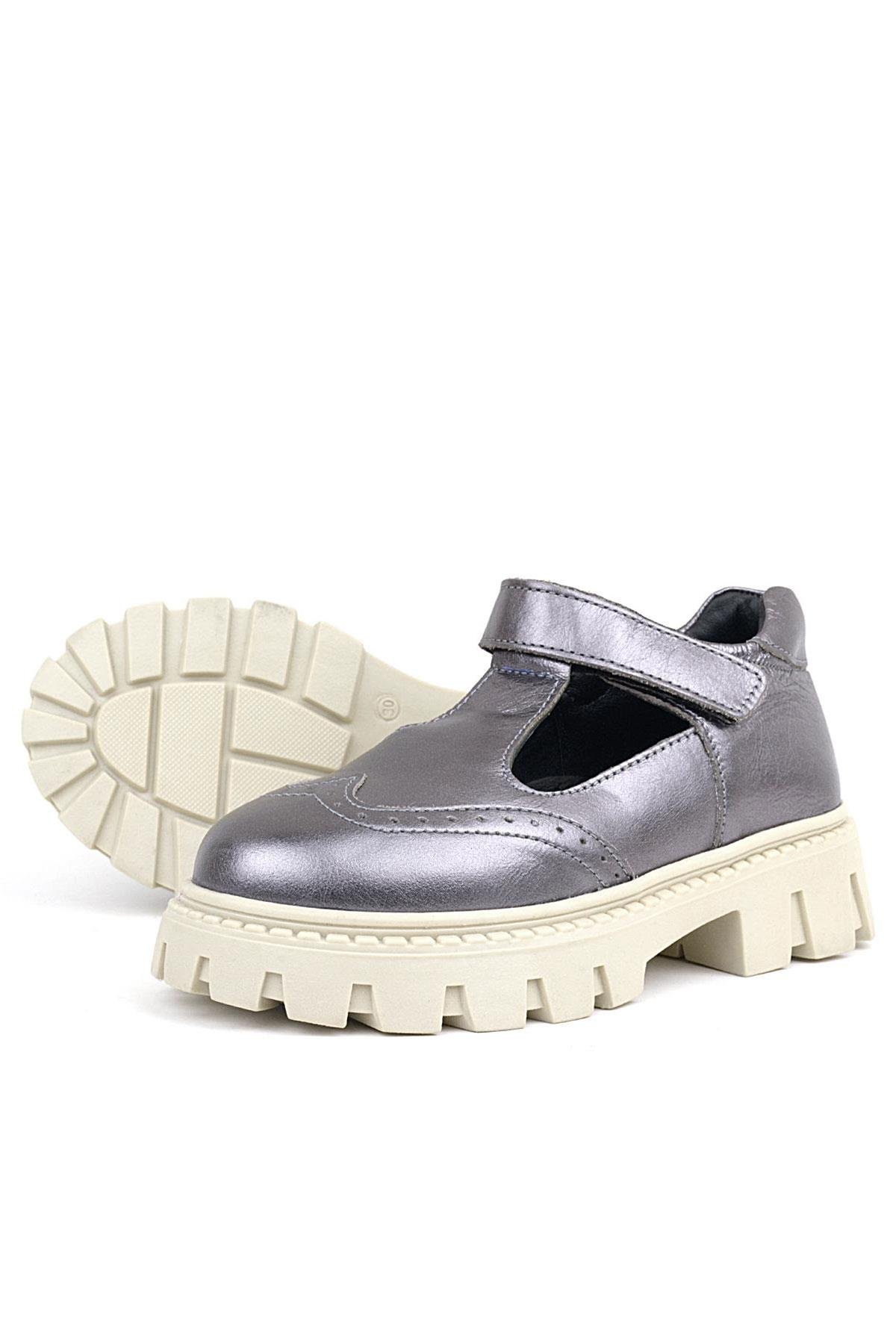 Hakiki Deri Platin Krem Tabanlı Cırtlı Kız Çocuk Okul Ayakkabı - Görsel 7
