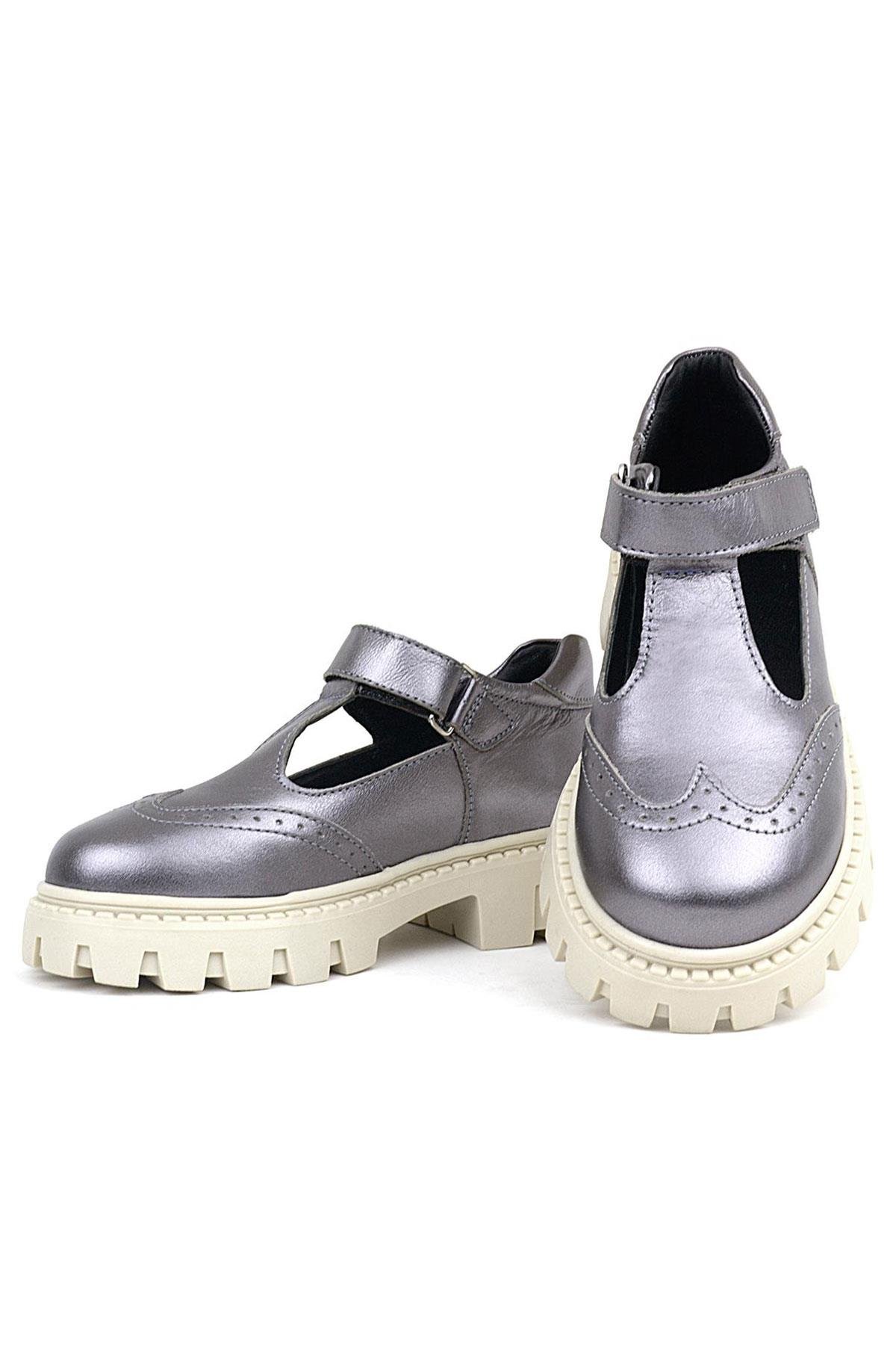 Hakiki Deri Platin Krem Tabanlı Cırtlı Kız Çocuk Okul Ayakkabı - Görsel 8
